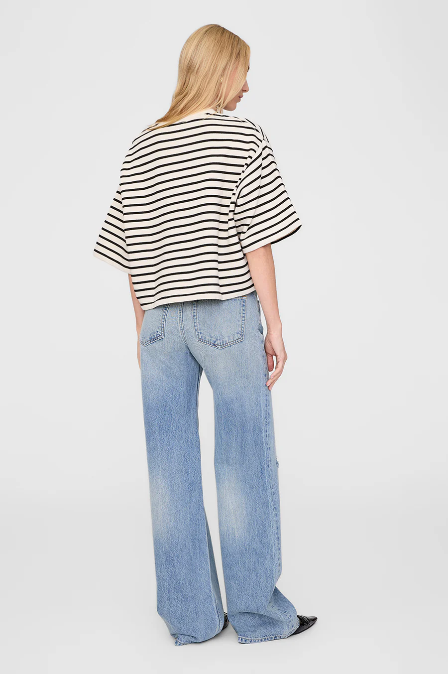 ANINE BING Myers French Terry Cropped T-Shirt in Black Stripe 