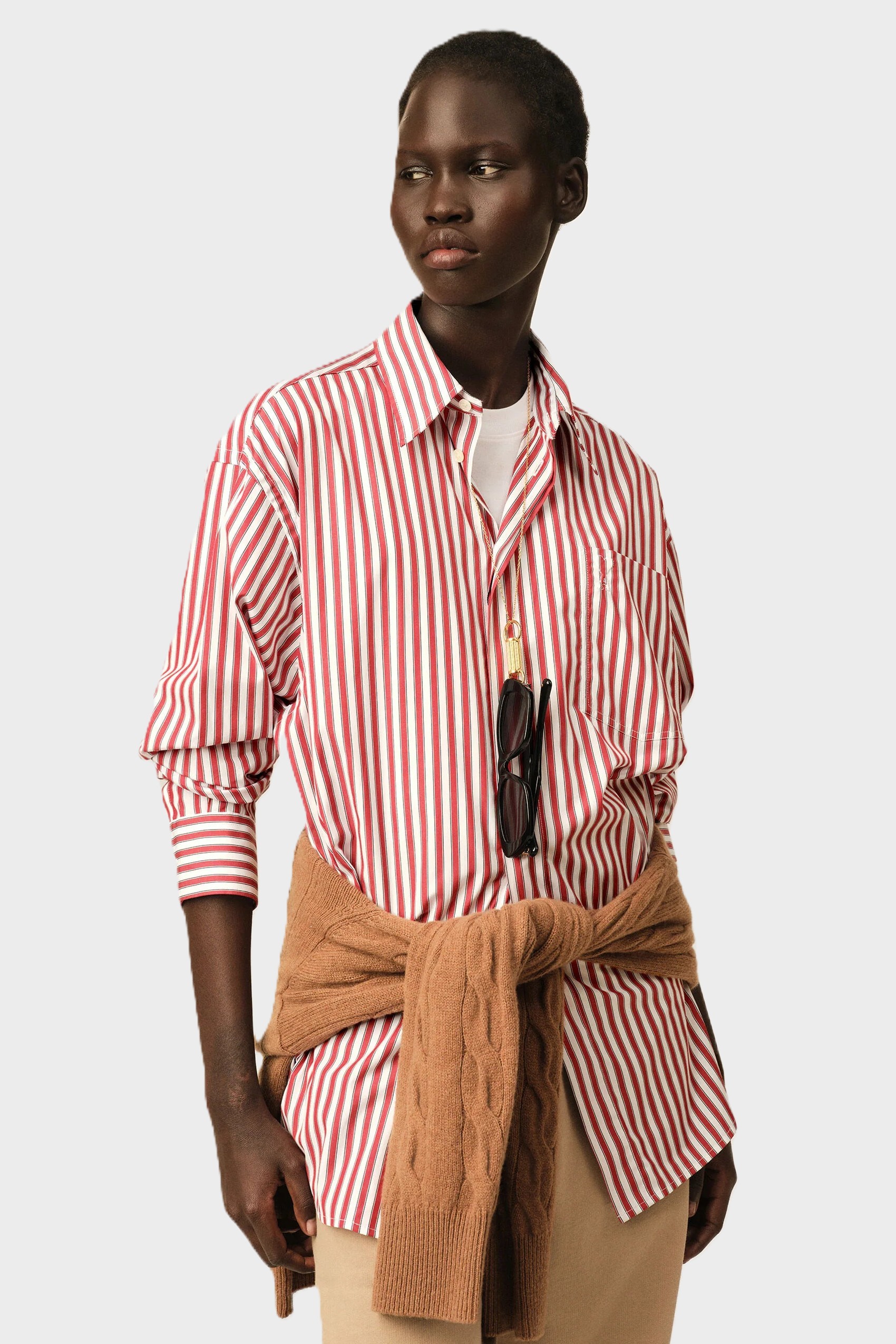 AMI PARIS de Coeur Oversize Stripe Shirt in Ruby Red / White