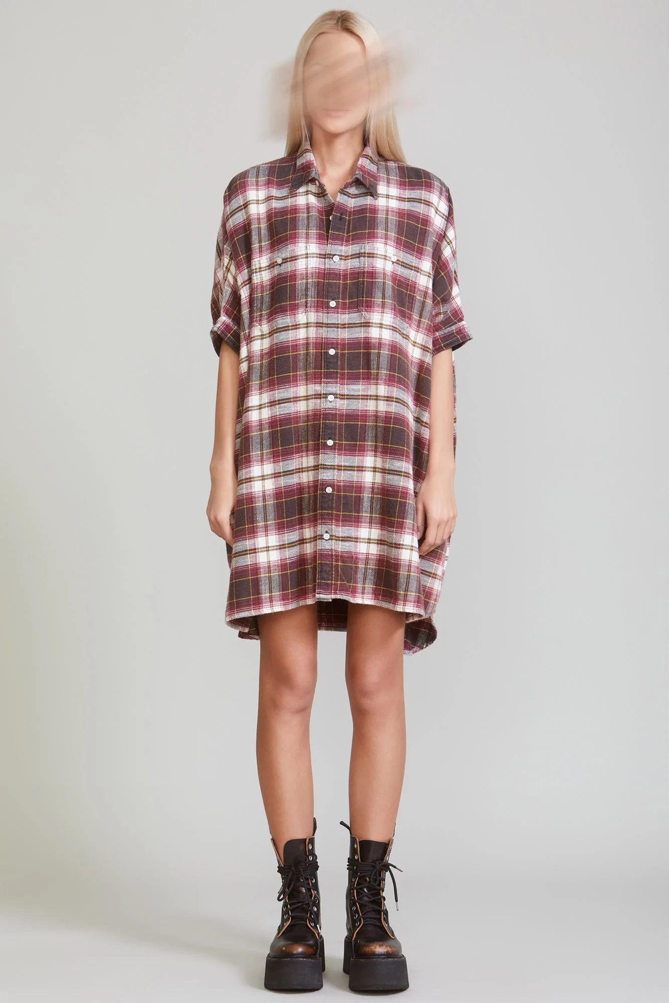 R13 Plaid Oversized Dress in Ecru/Maroon