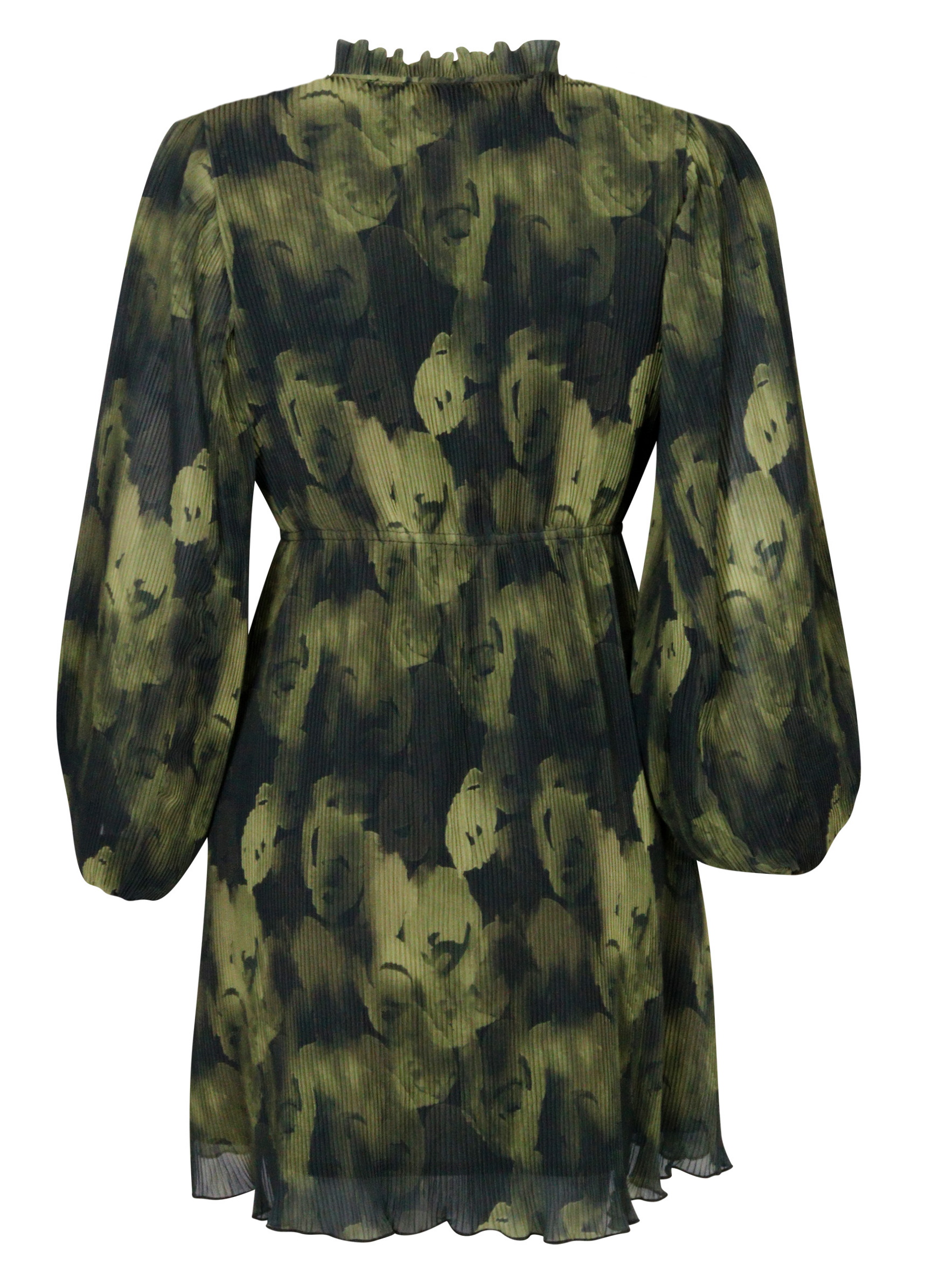 Ganni Pleated Georgette Mini Dress Olive Print 34