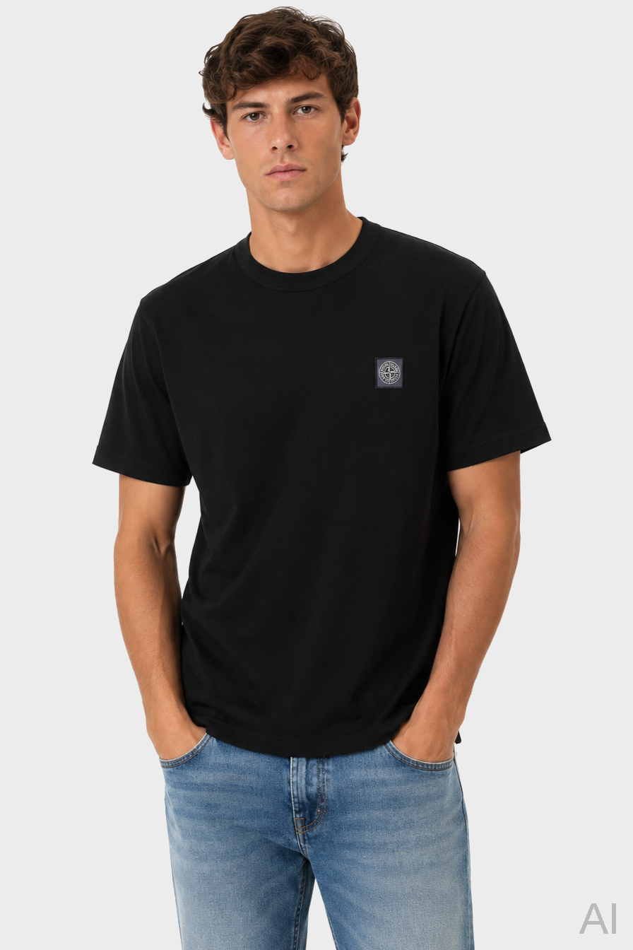 STONE ISLAND Piqué Loose Fit Logo T-Shirt in Black