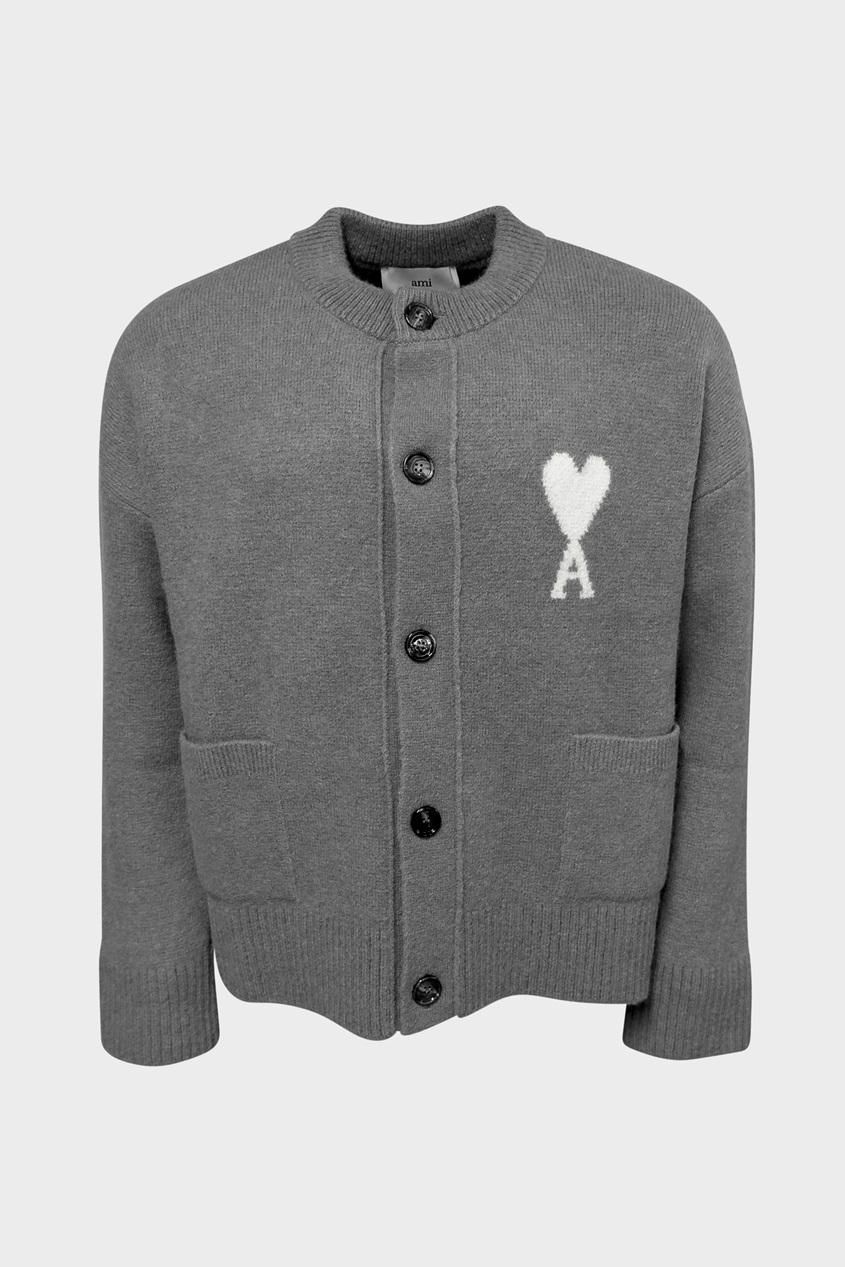 AMI PARIS de Coeur Crew Neck Knit Cardigan in Grey/Off White AMI PARIS de Coeur Crew Neck Knit Cardigan in Grey/Off White