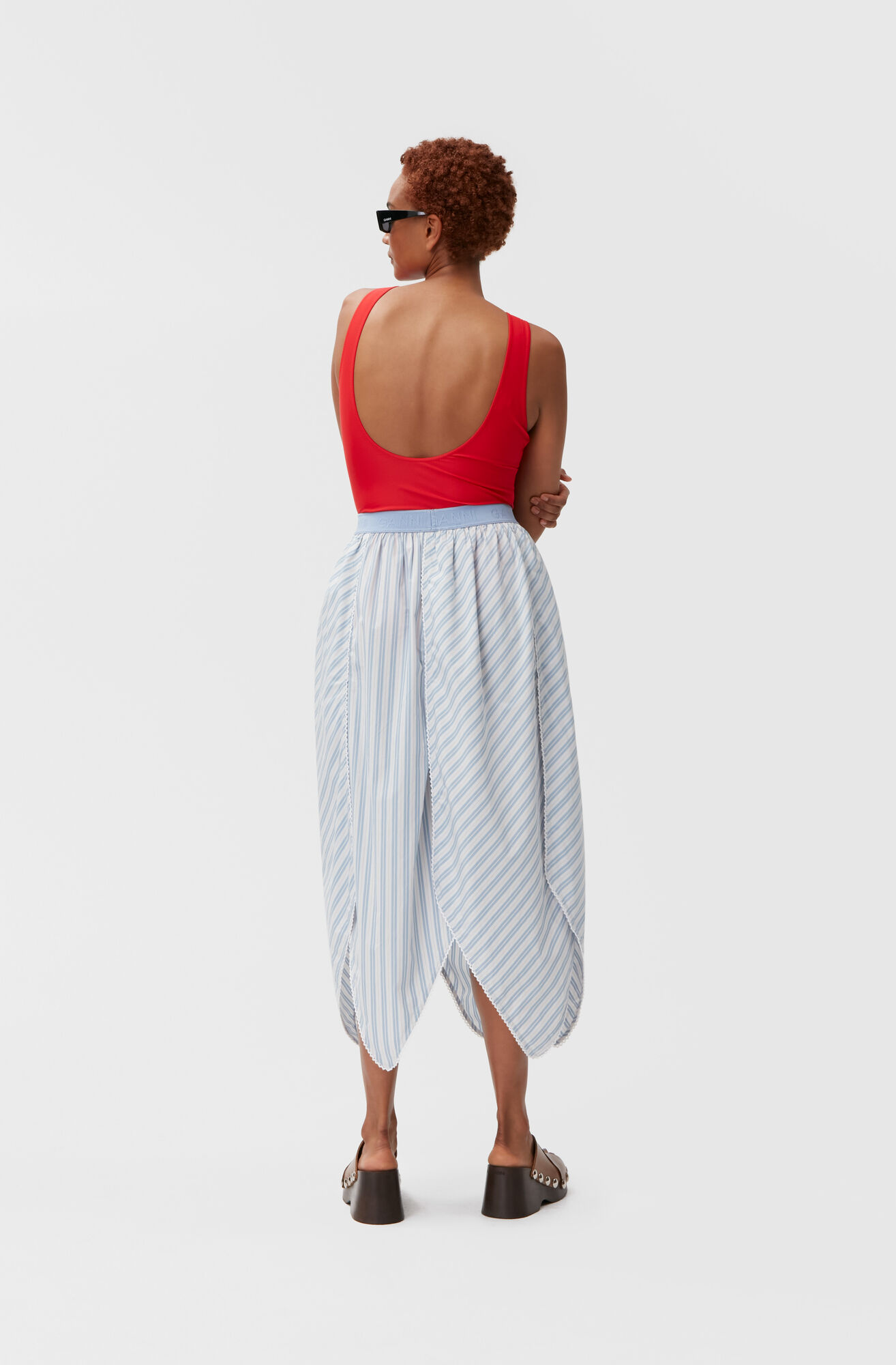 Ganni Stripe Cotton Midi Panel Skirt in Forever Blue 34