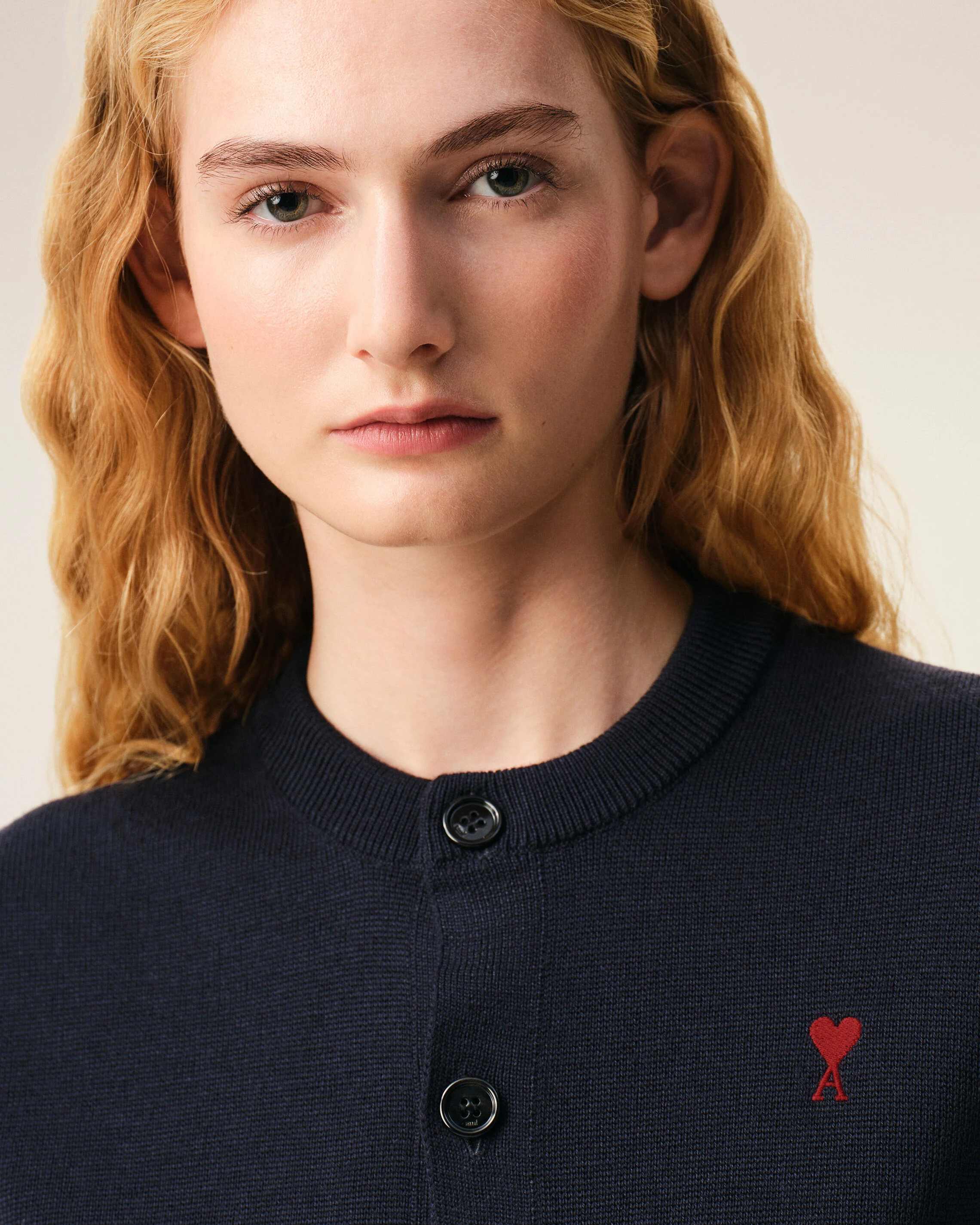 AMI PARIS de Coeur Knit Cardigan in Navy/Red