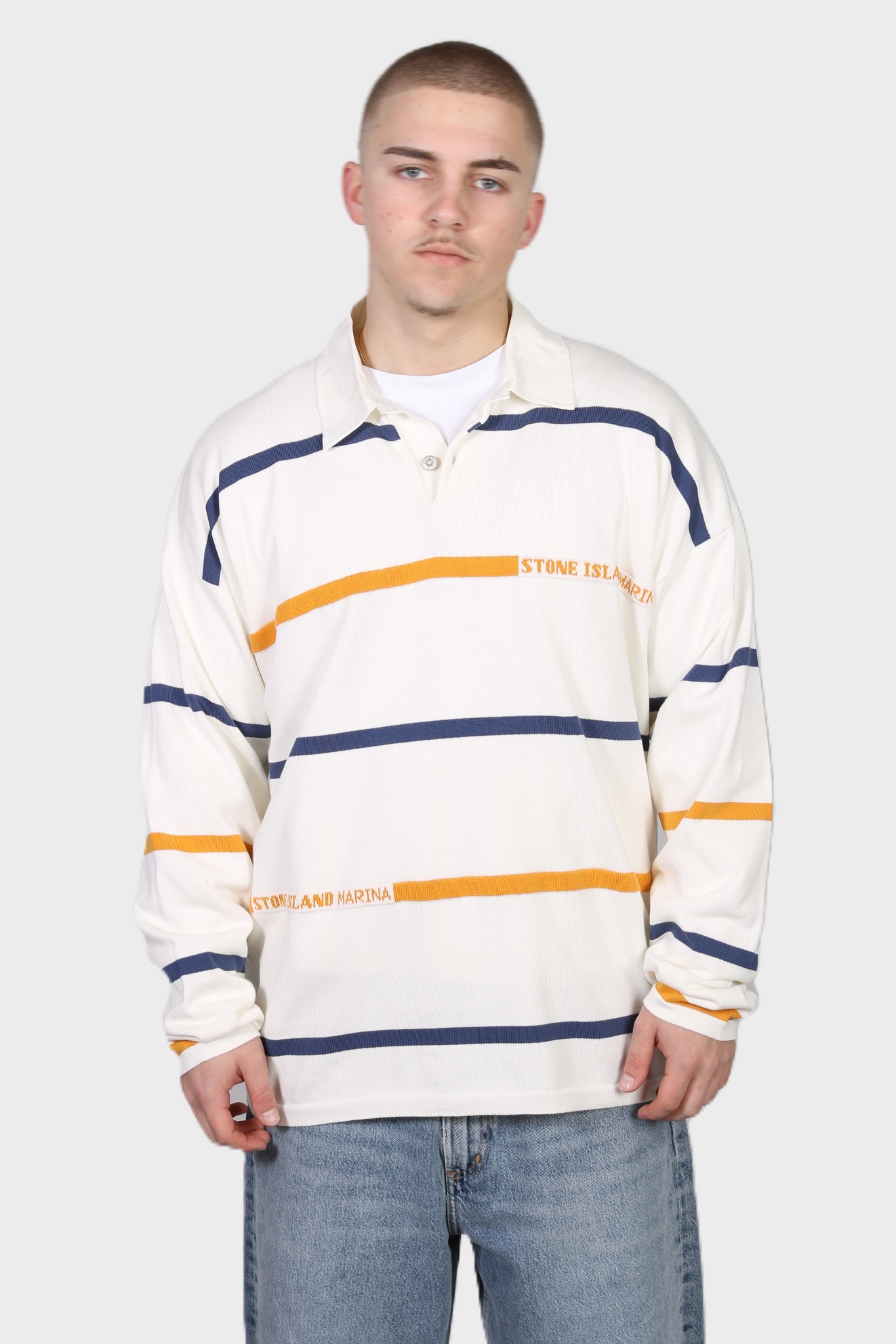 STONE ISLAND MARINA Cotton Knit Rugby Shirt in Cream STONE ISLAND MARINA Cotton Knit Rugby Shirt in Cream