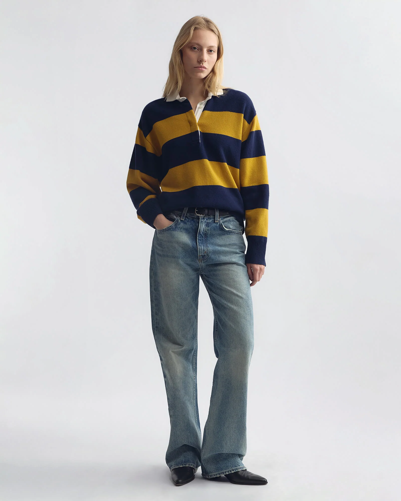 NILI LOTAN Rashida Rugby Knit Sweater in Navy / Amber Stripe
