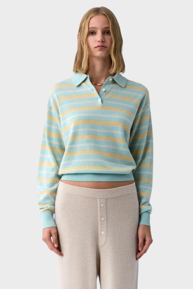 GUEST IN RESIDENCE Collegiate Stripe Cashmere Polo in Seaglass