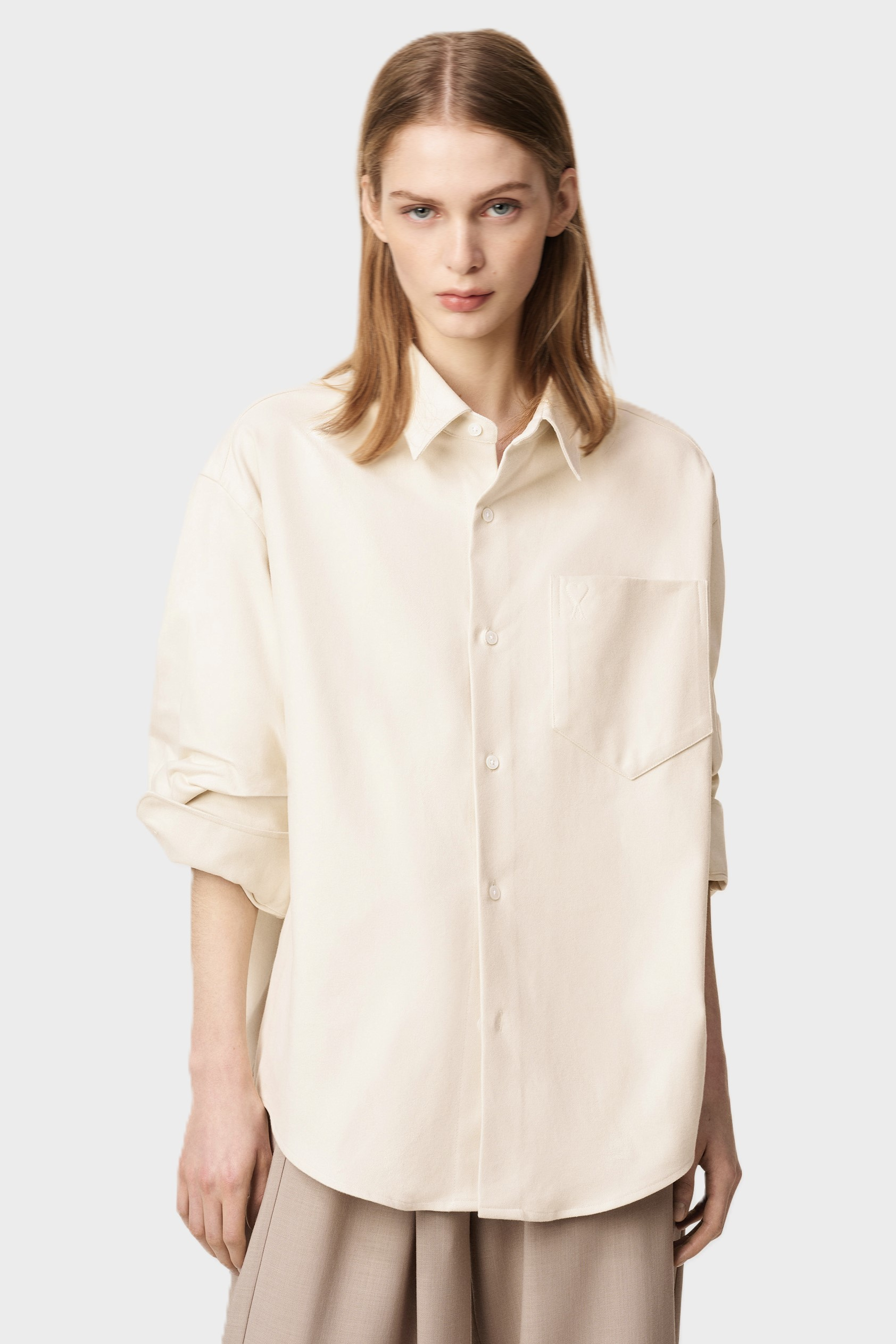 AMI PARIS de Coeur Boxy Fit Brushed Cotton Shirt in Light Ivory