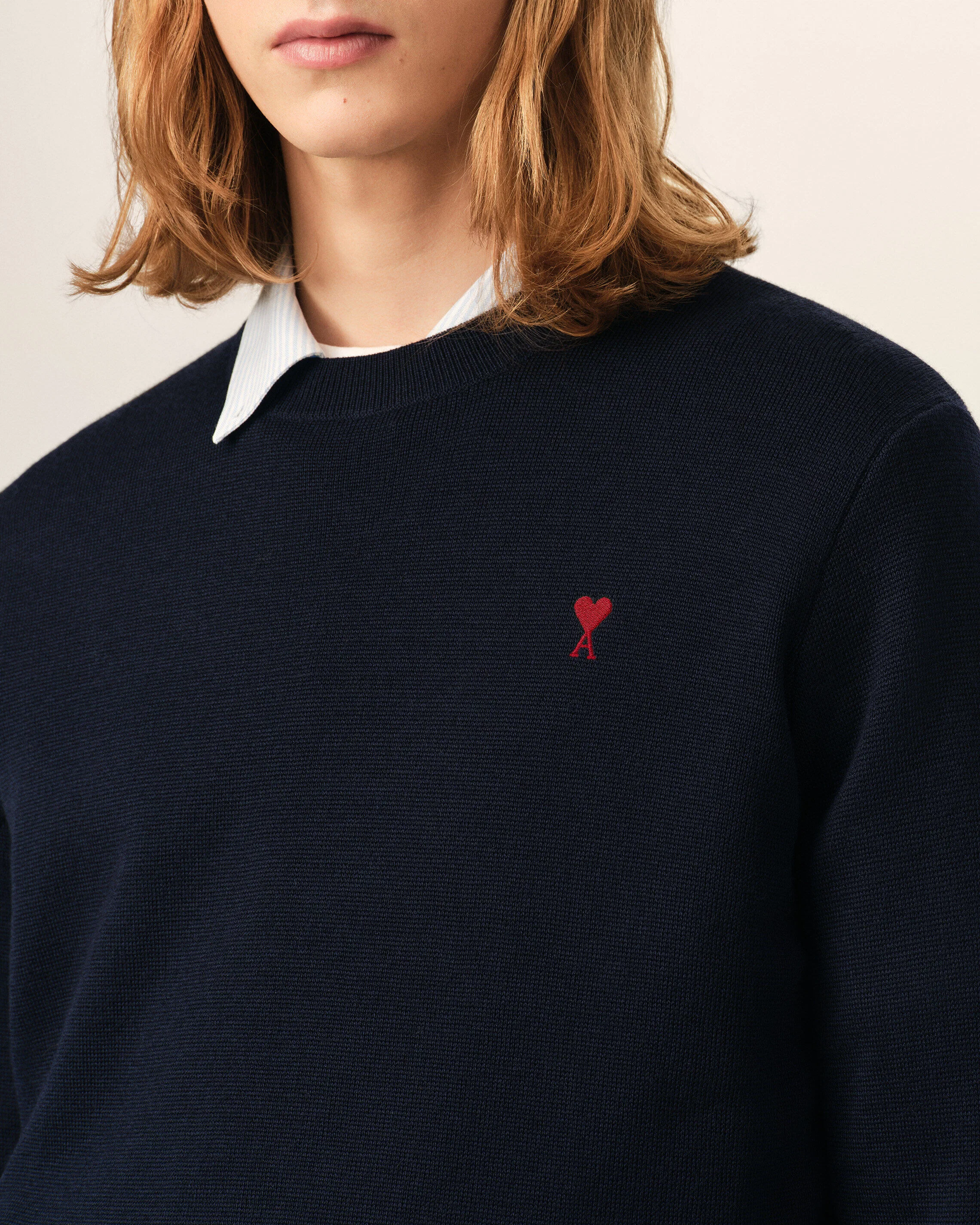 AMI PARIS de Coeur Merino Knit Pullover in Navy / Red Logo