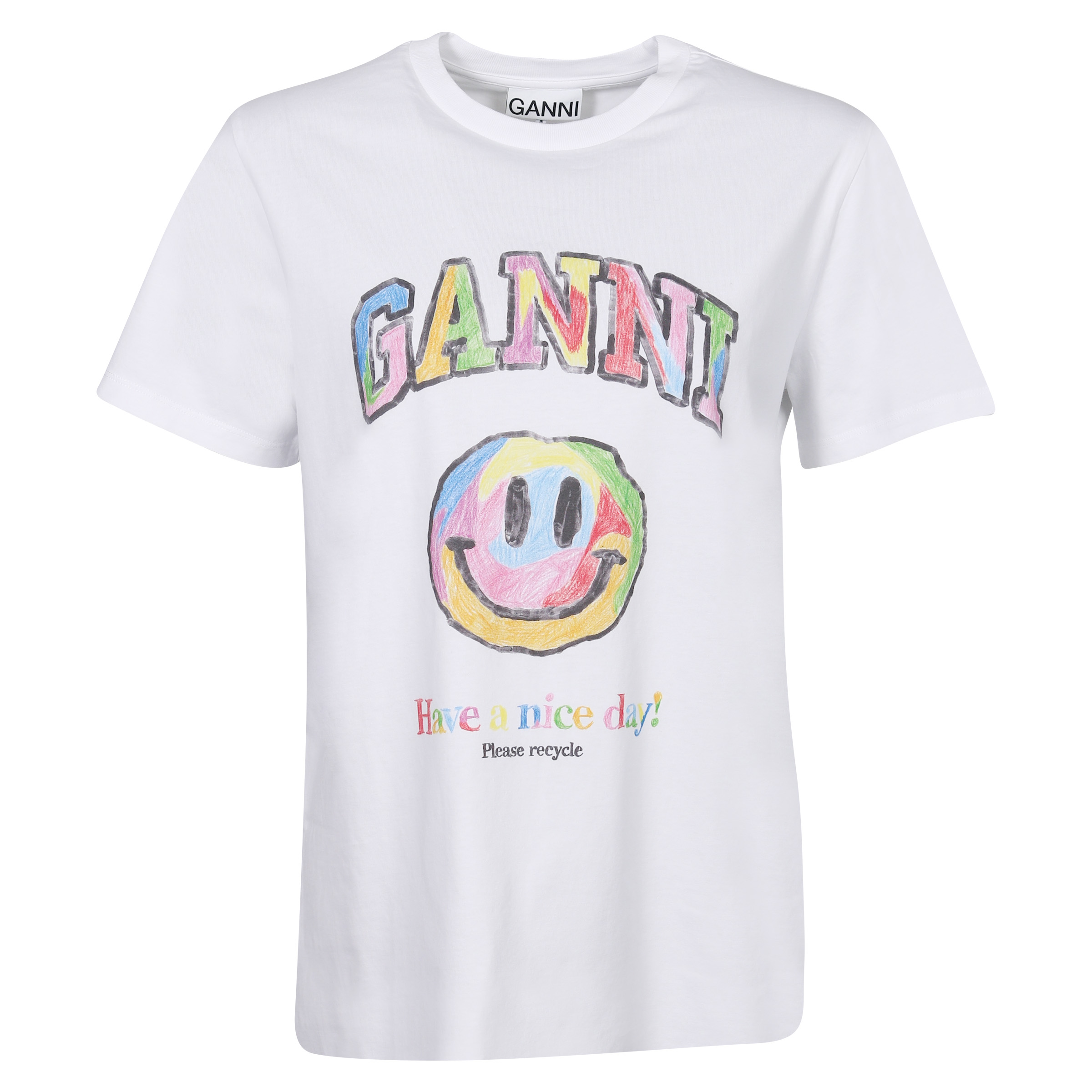 Ganni Organic Cotton T-Shirt Smiley White/Multi Printed
