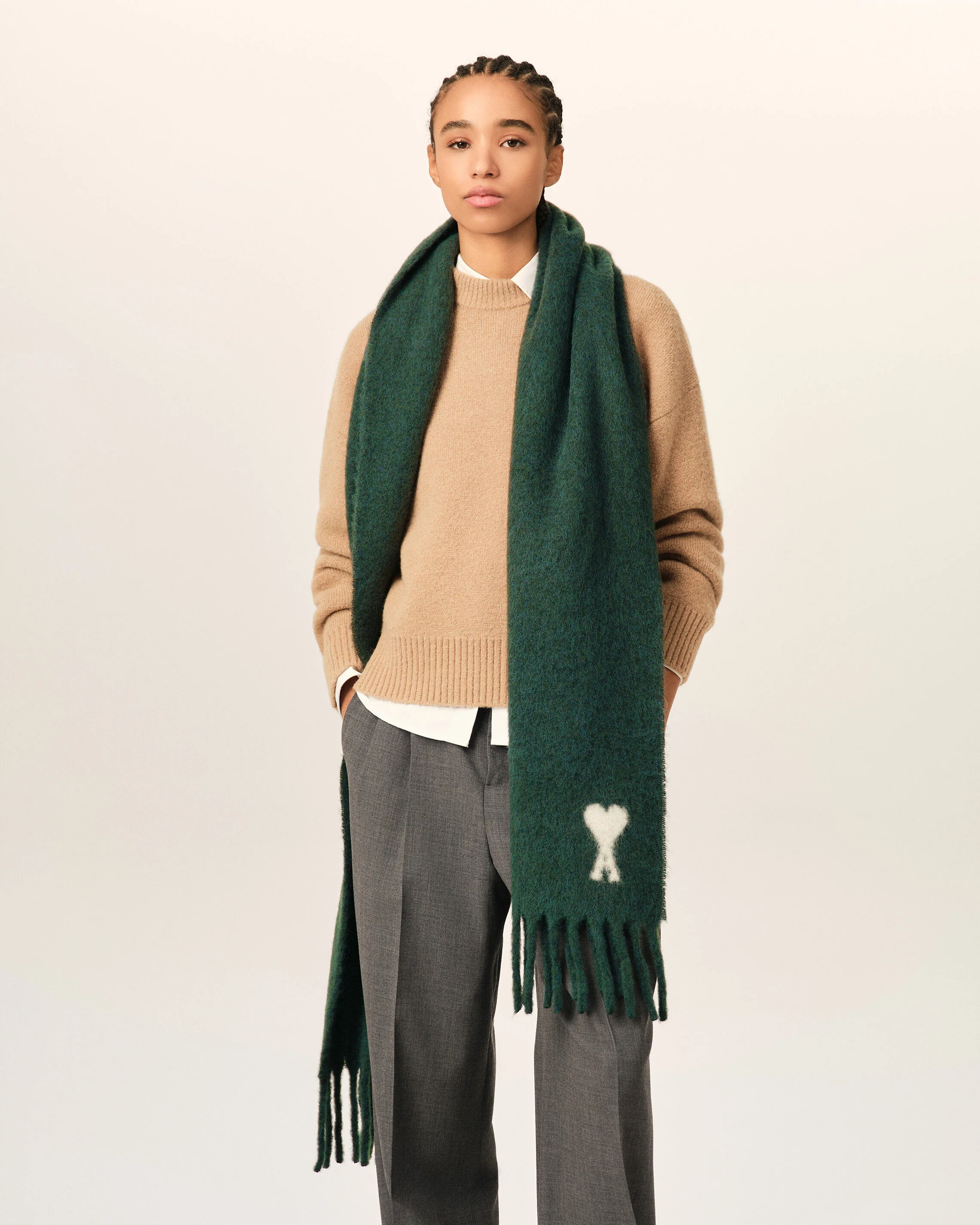 AMI PARIS de Coeur Wool Scarf in Bottle Green