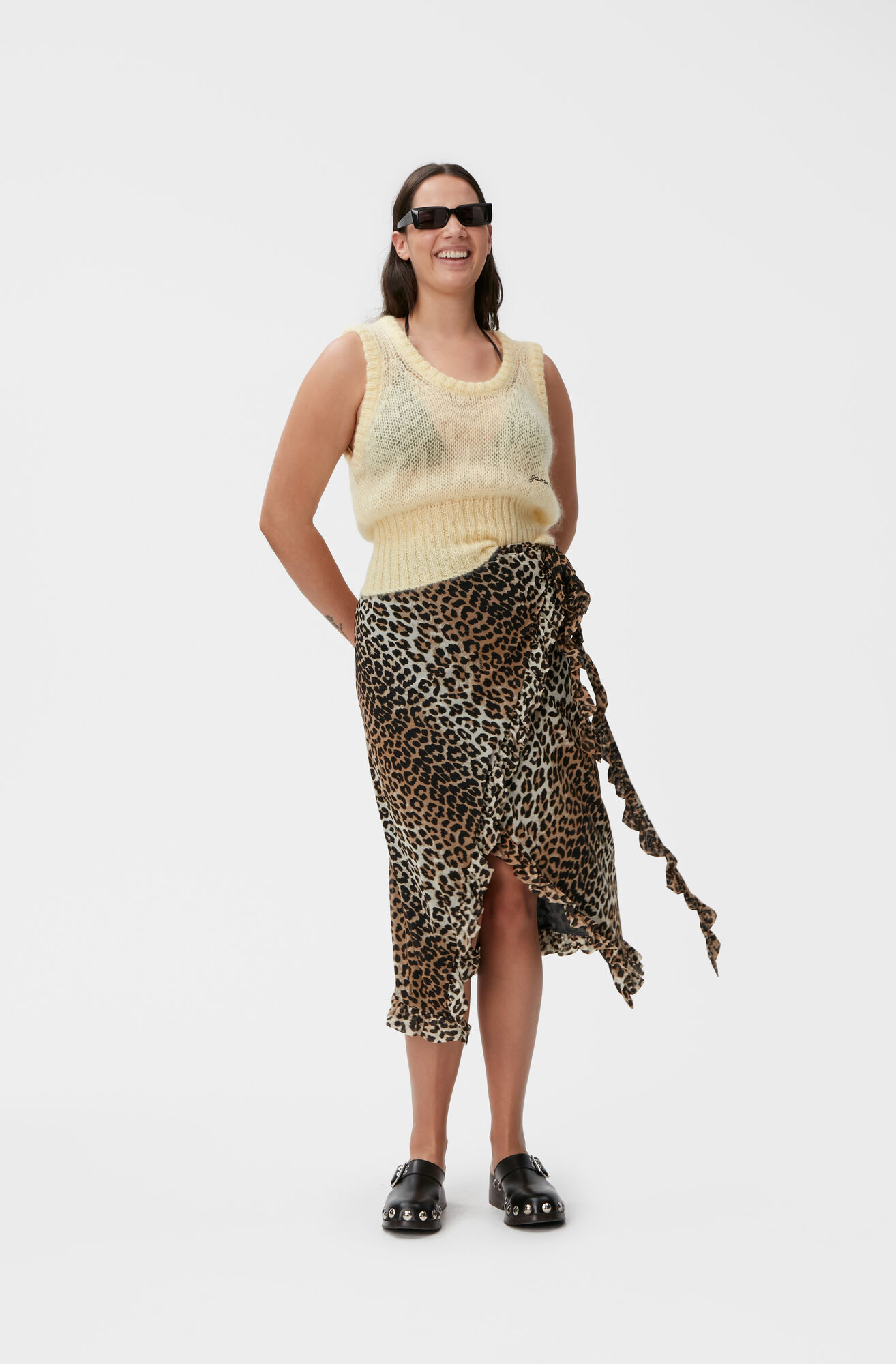 Ganni Printed Mesh Ruffle Midi Wrap Skirt in Leopard 38