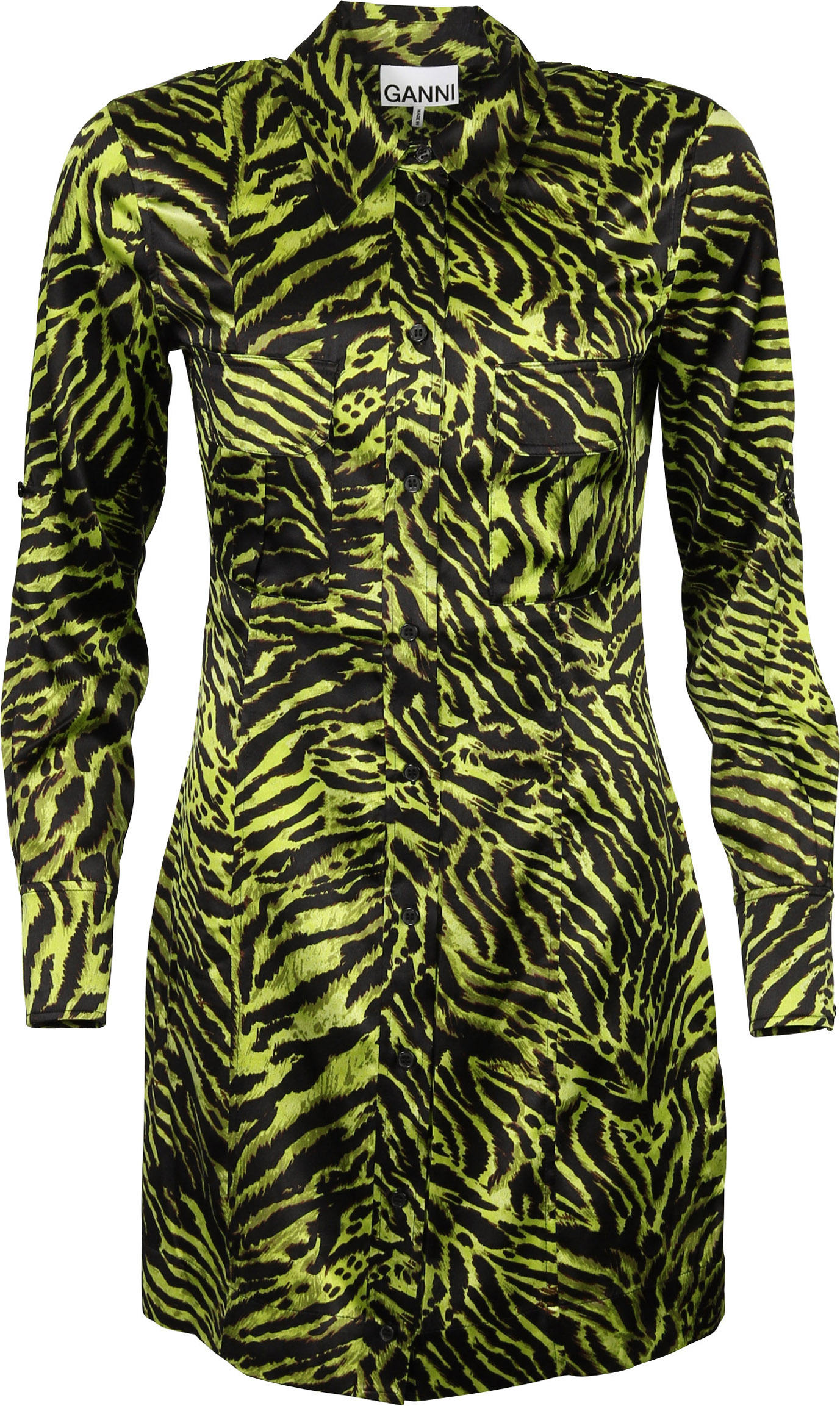 Ganni Shirt Dress Lime Tiger Print