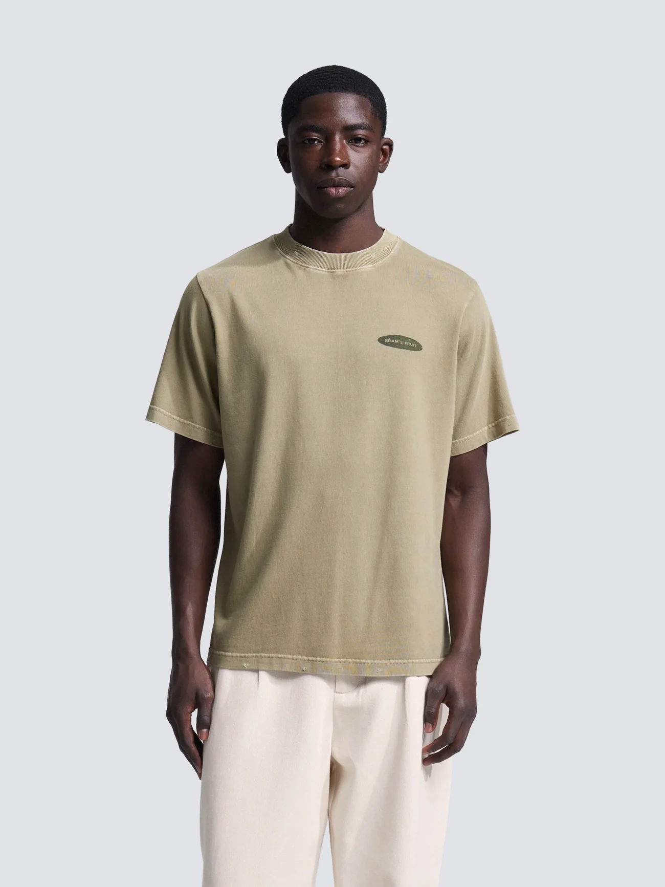 BRAM'S FRUIT ''F*ck Off'' Distressed T-Shirt in Washed Olive Green