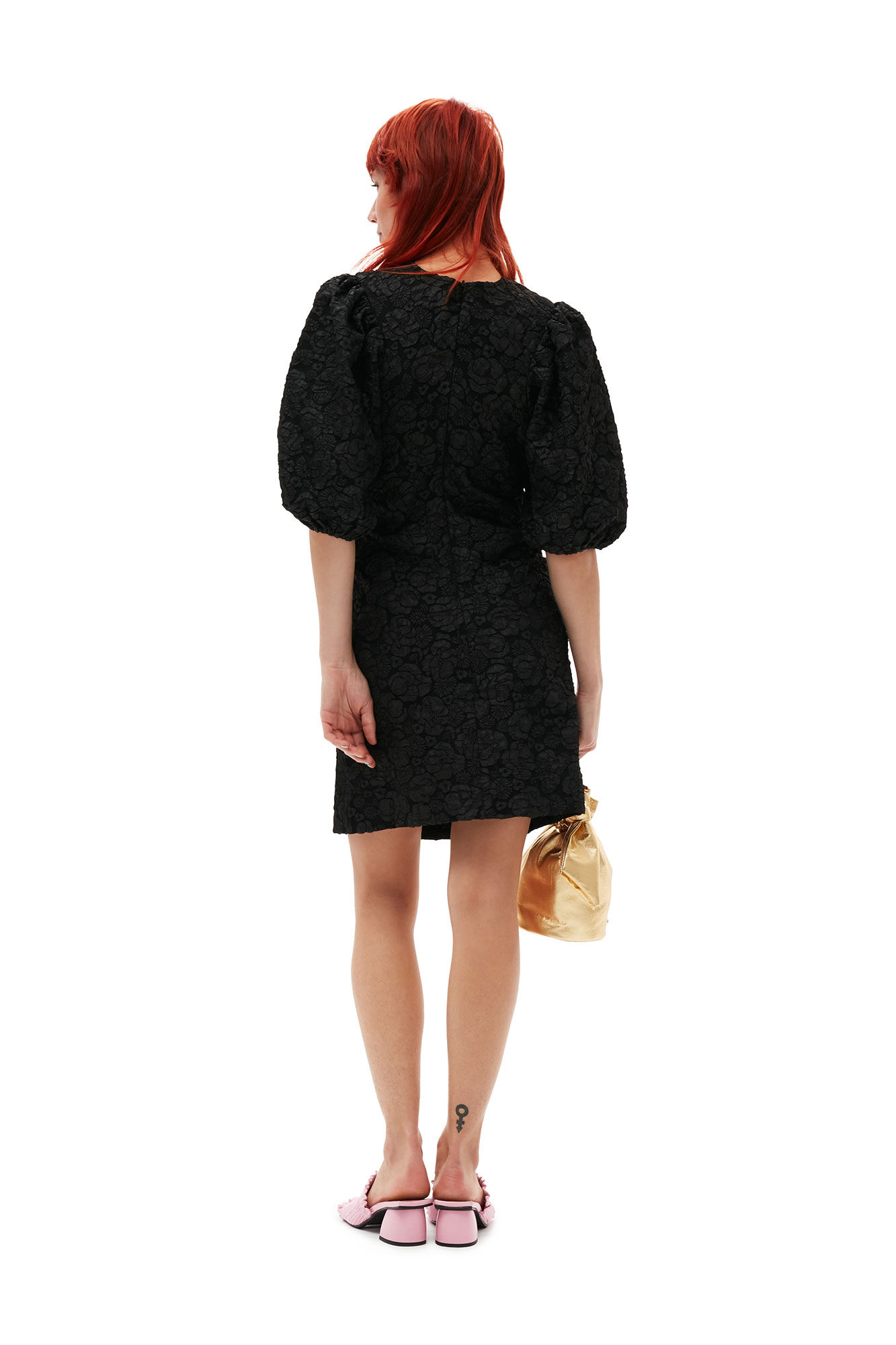 GANNI Stretch Jacquard Puff Sleeve Mini Dress in Black 34
