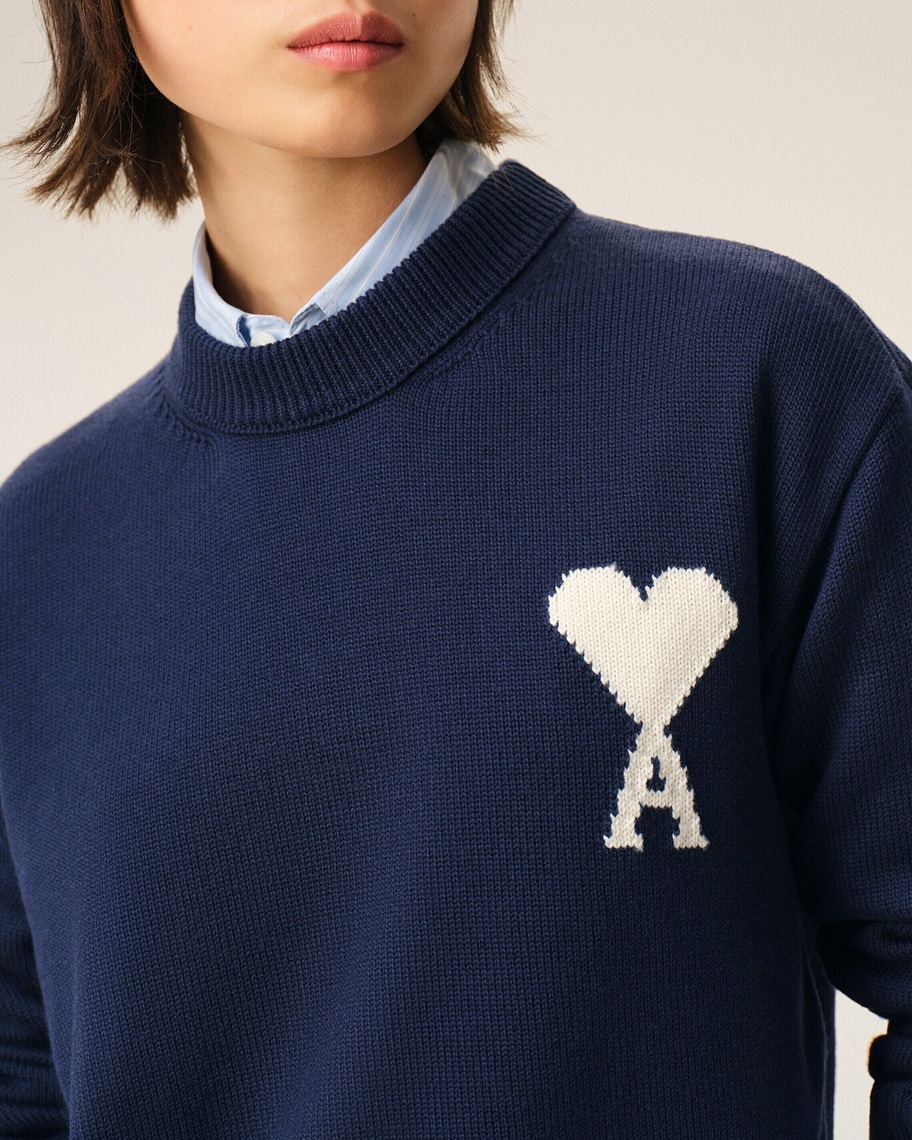 AMI PARIS de Coeur Wool/Cotton Knit Pullover in Navy