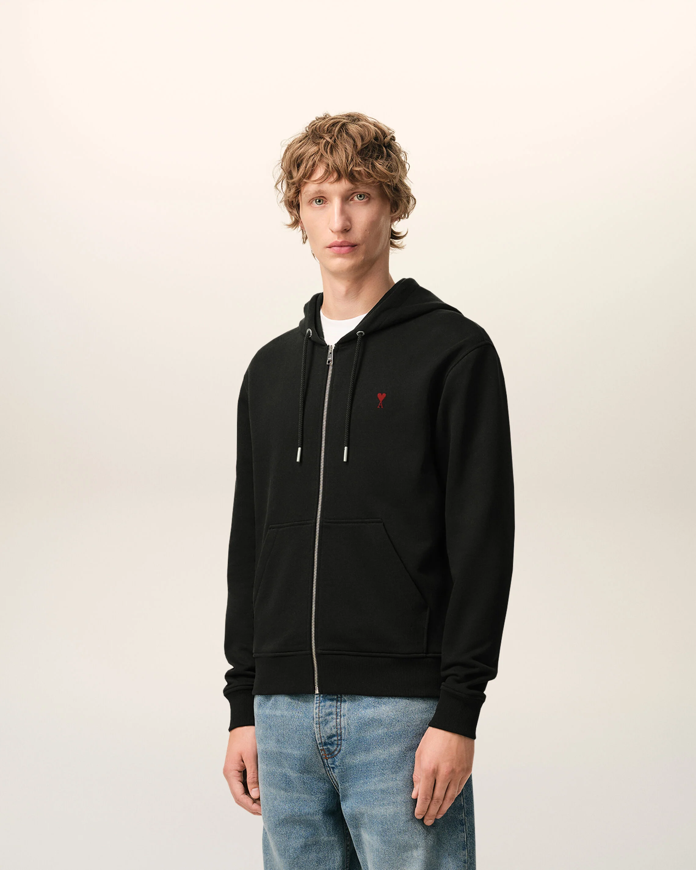 AMI PARIS de Coeur Zip Hoodie in Black / Red