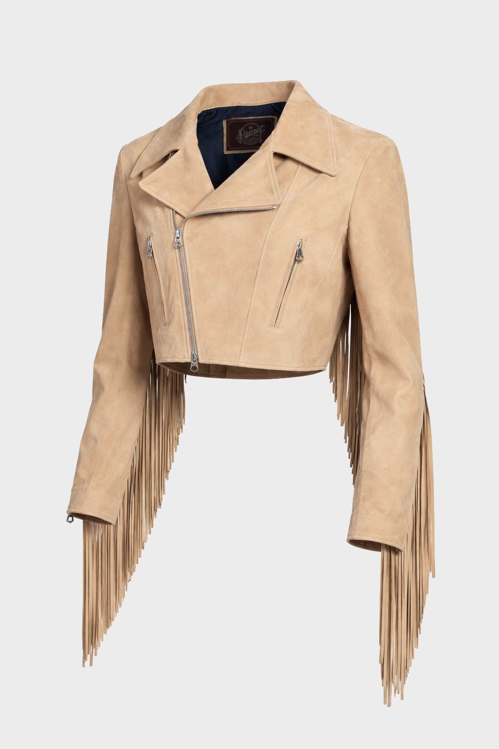 STEWART Goat Suede Chiodo Frange Jacket in Beige