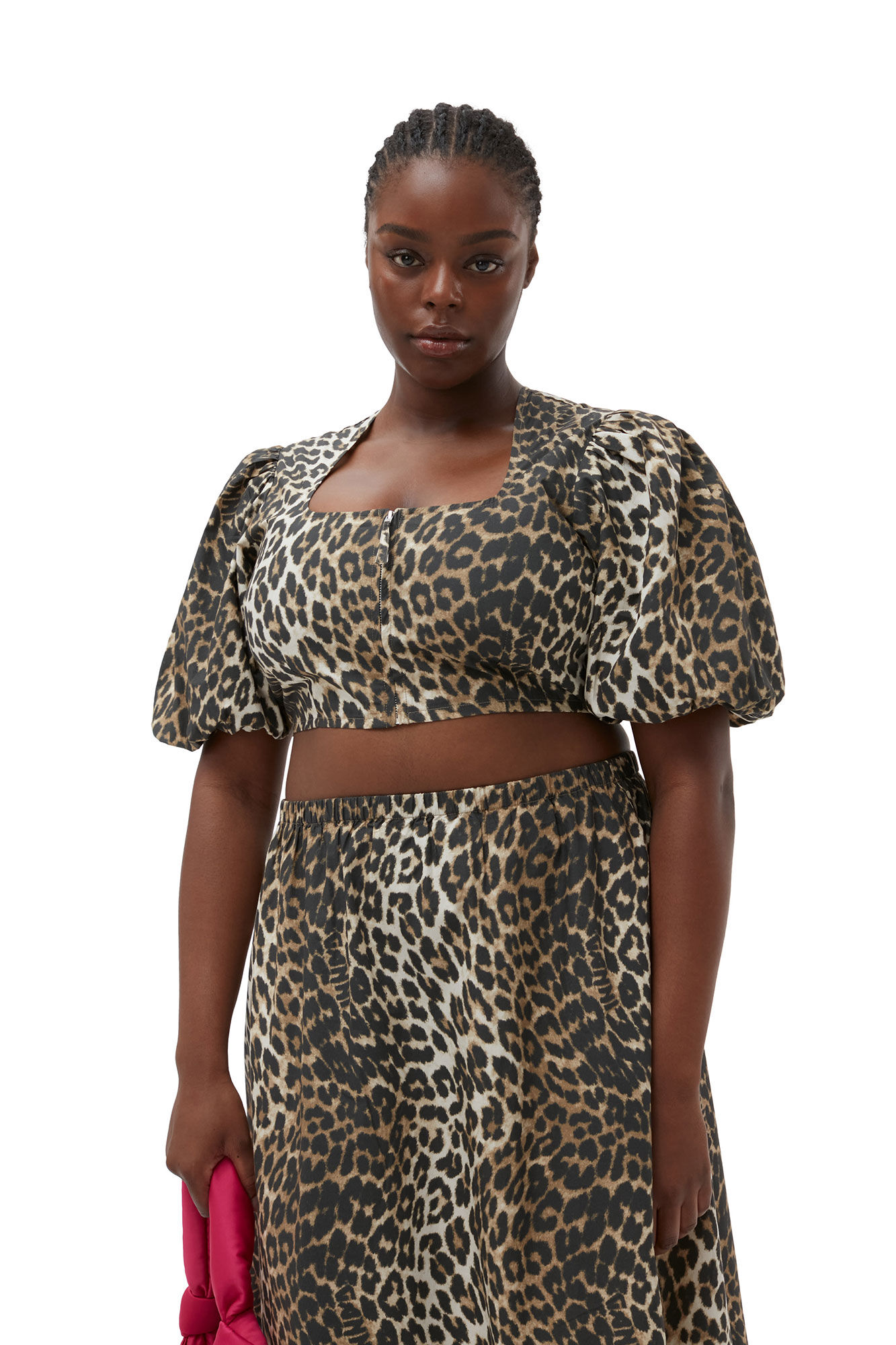 GANNI Printed Cotton Elasticatet Maxi Skirt in Big Leopard Almond