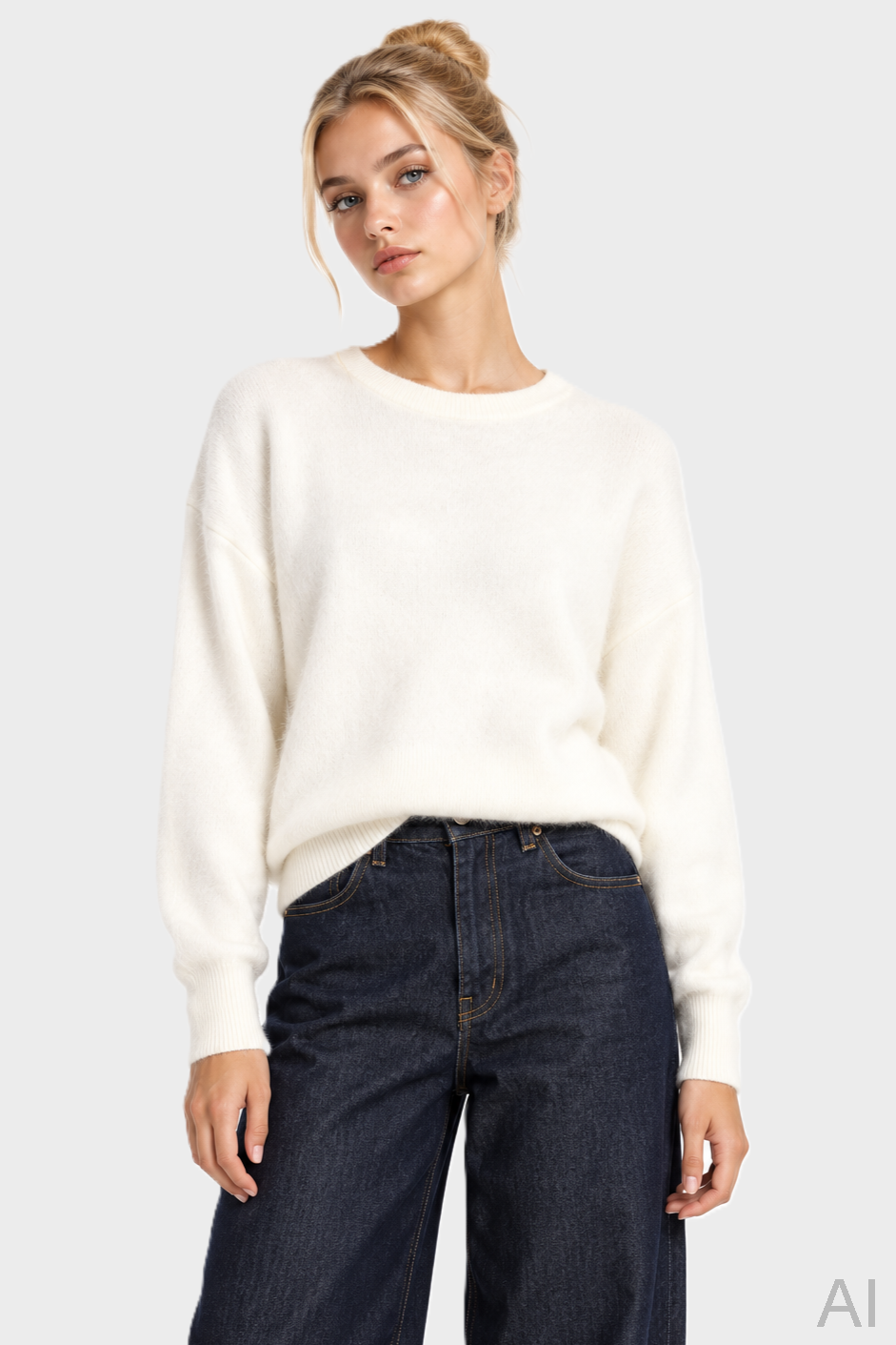 FLONA Cashmere Fluffy Crewneck Sweater in Offwhite M