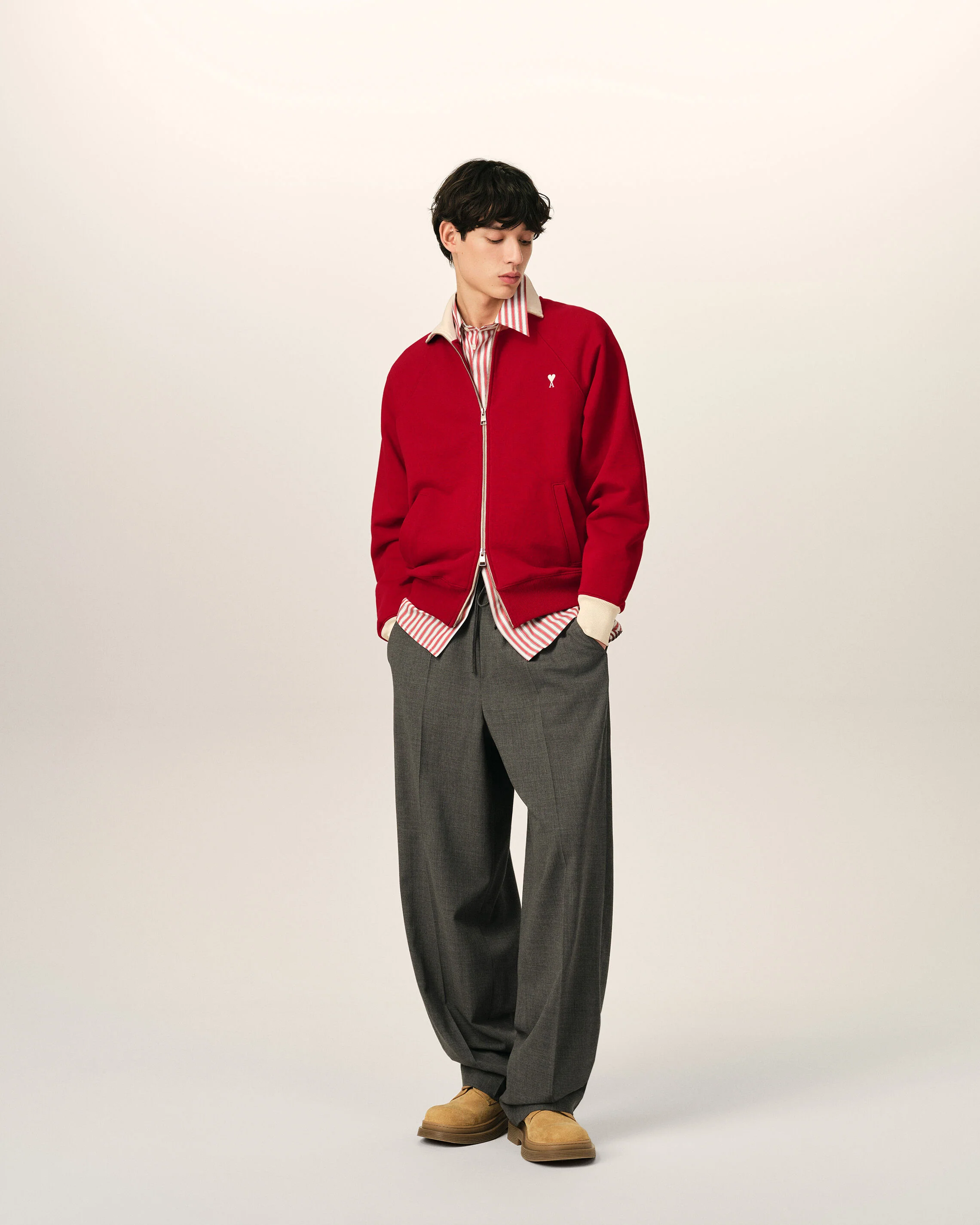 AMI PARIS de Coeur Bicolor Zip Sweater in Ruby Red / Ivory