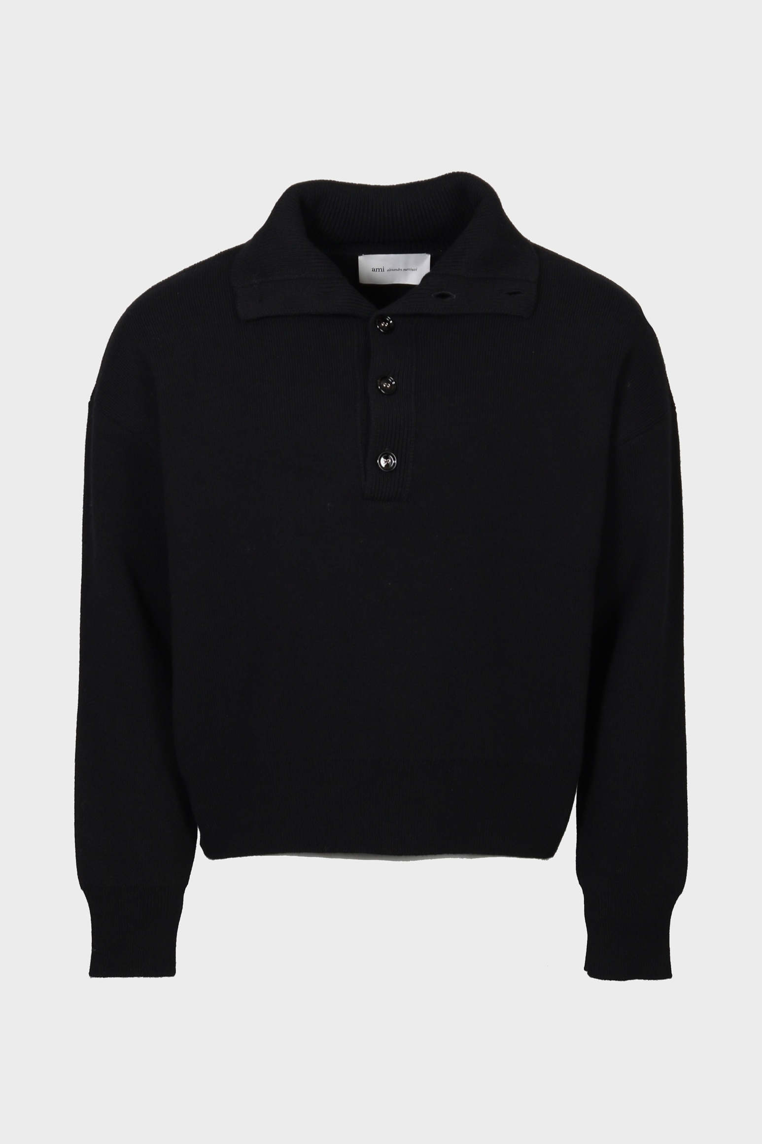 AMI PARIS High Buttoned Collar Heavy Knit Sweater in Black