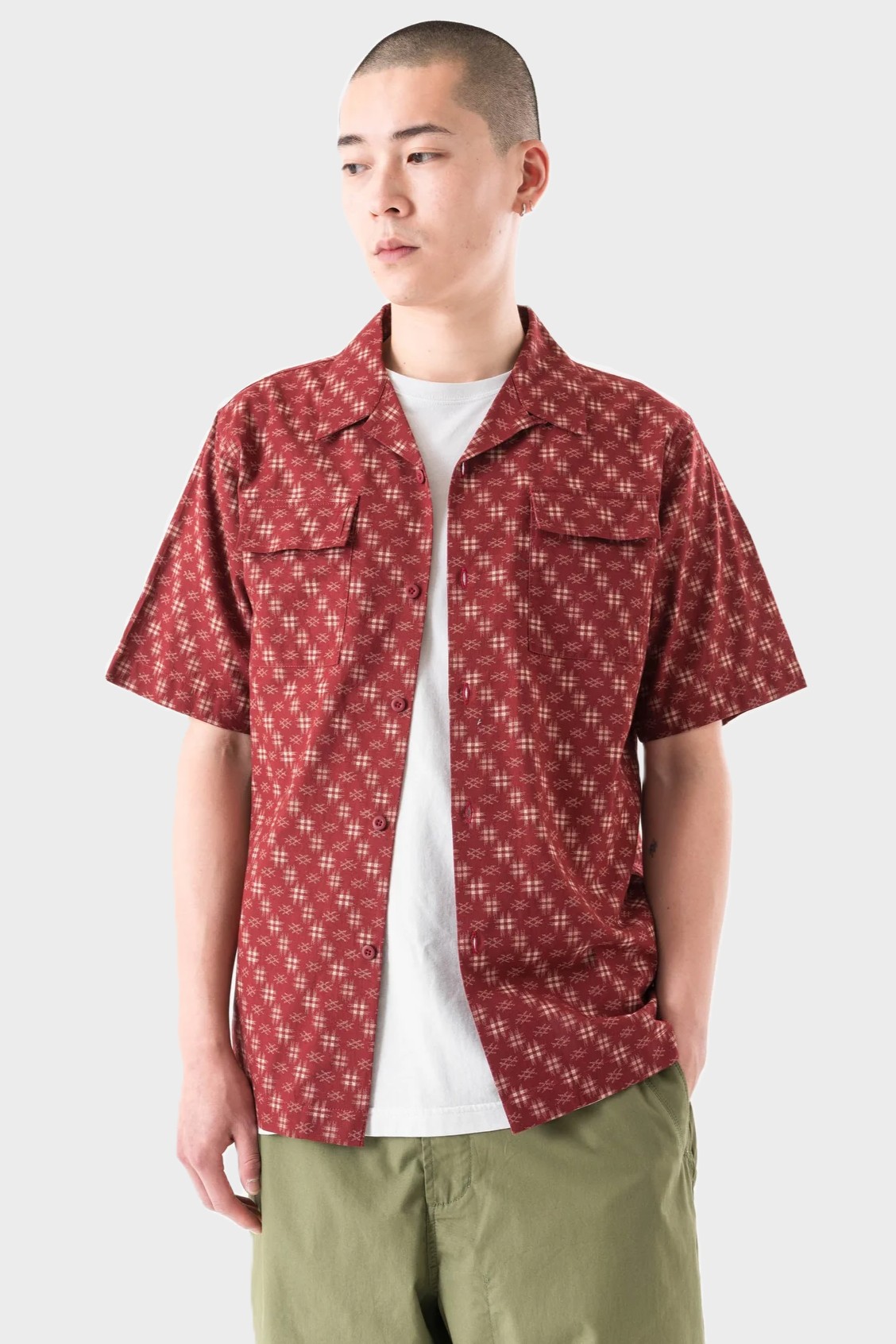 MAHARISHI 7320 Kasuri Cuban Collar Shirt in Red