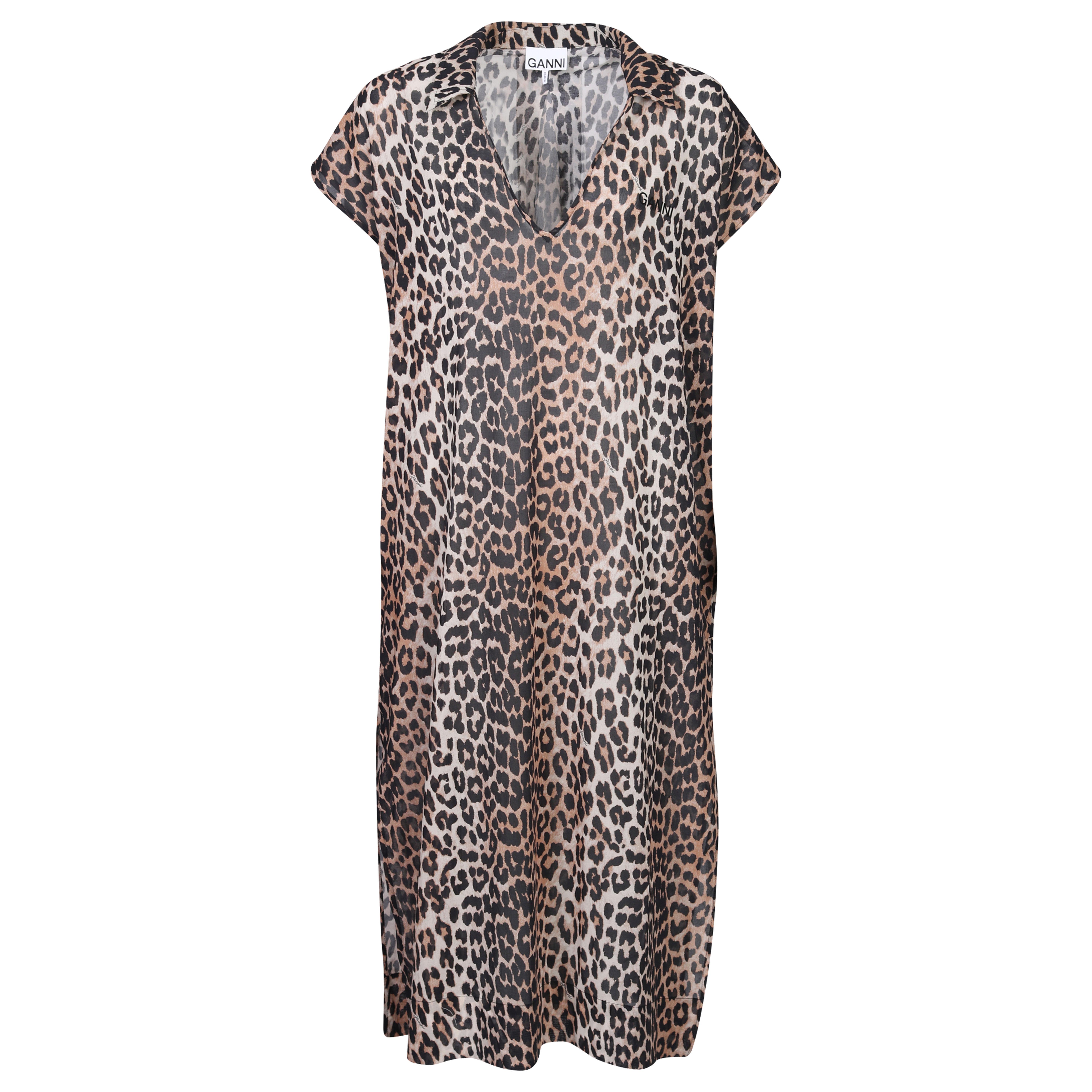 Ganni Light Cotton Kaftan Dress in Leopard XXS/XS