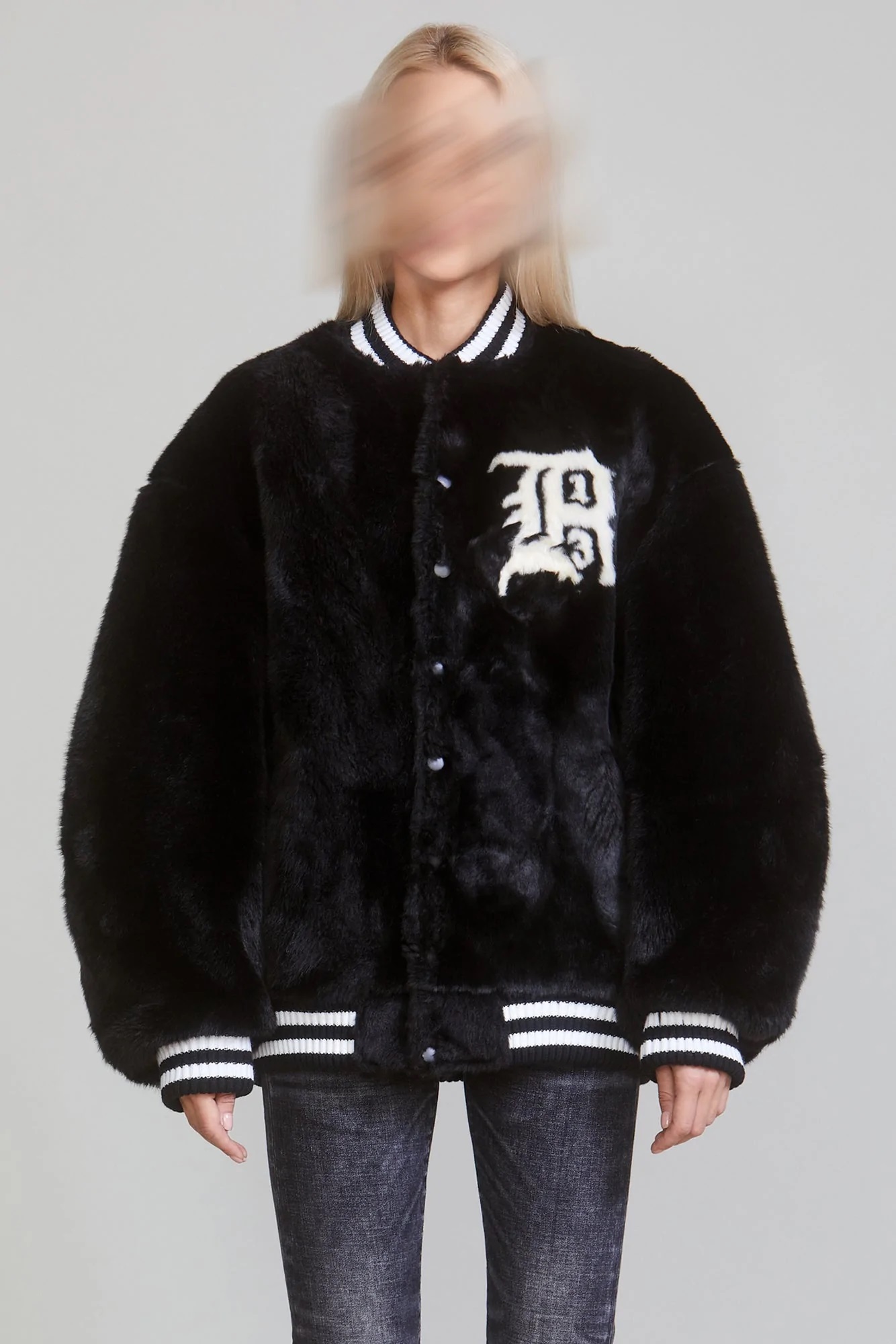 R13 Fake Fur College Bomber Jacket in Black/White