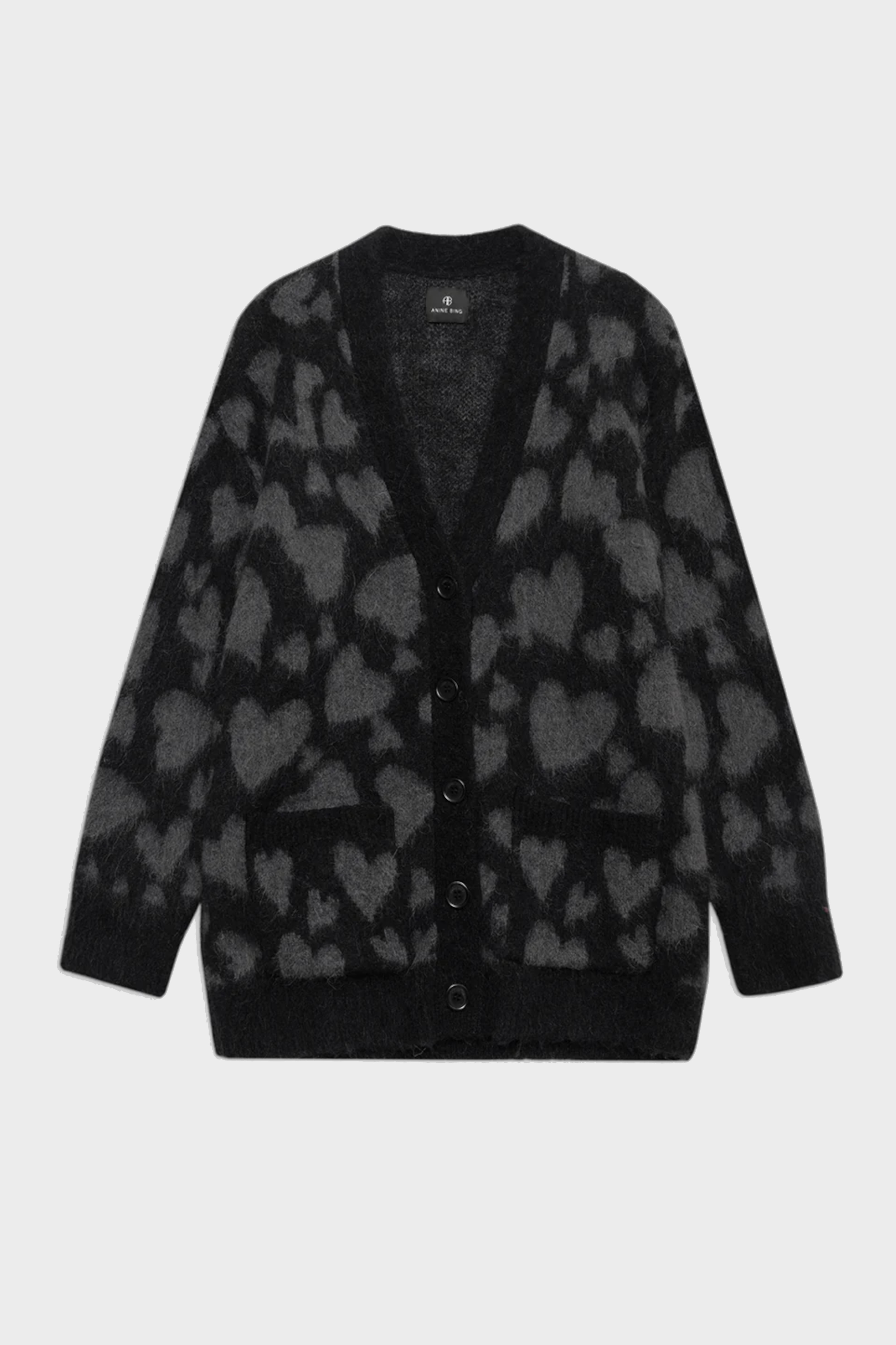 ANINE BING Banks Knit Cardigan in Grey & Black Hearts ANINE BING Banks Knit Cardigan in Grey & Black Hearts