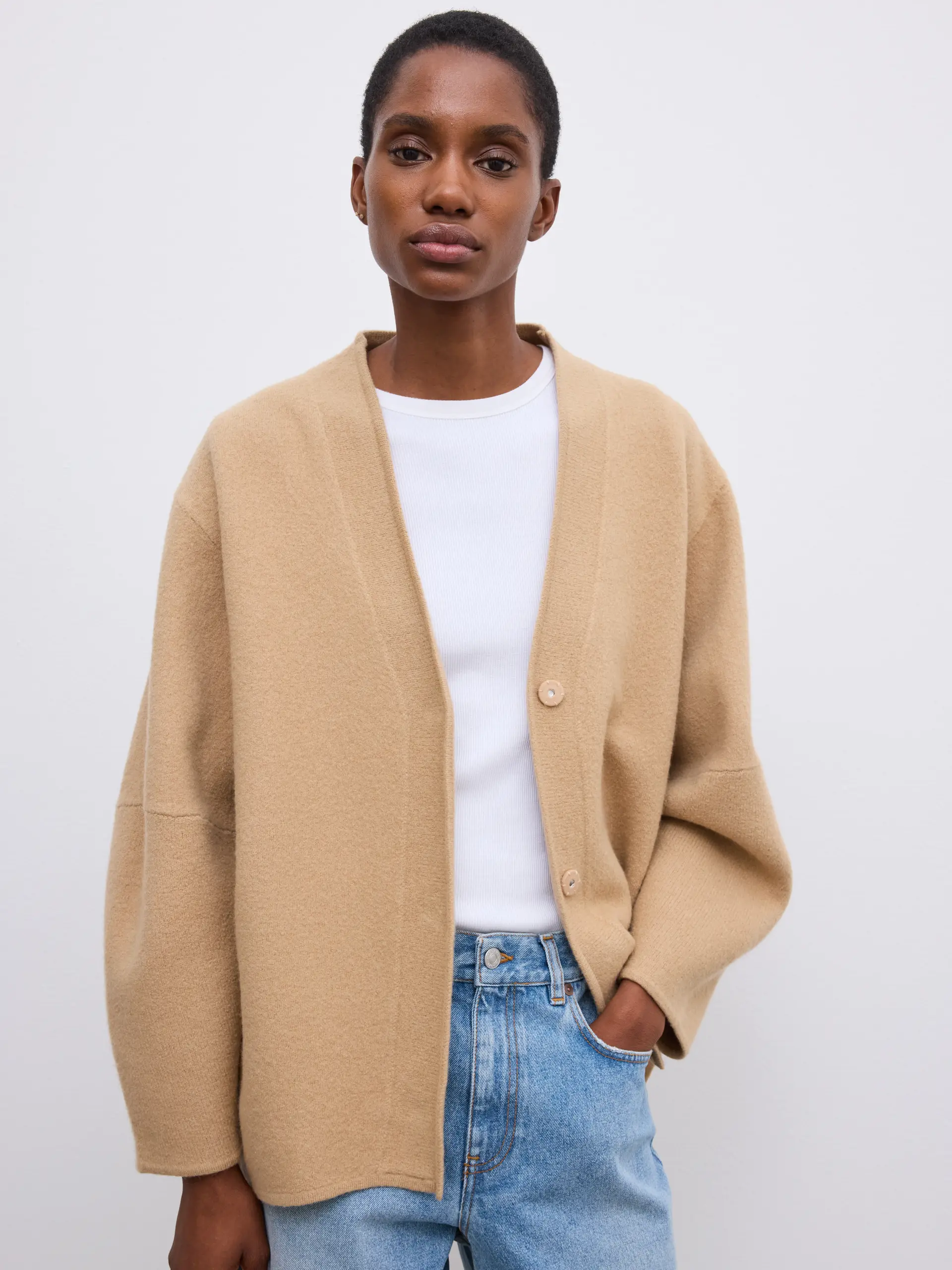 DAGMAR Long Wool Cardigan in Camel
