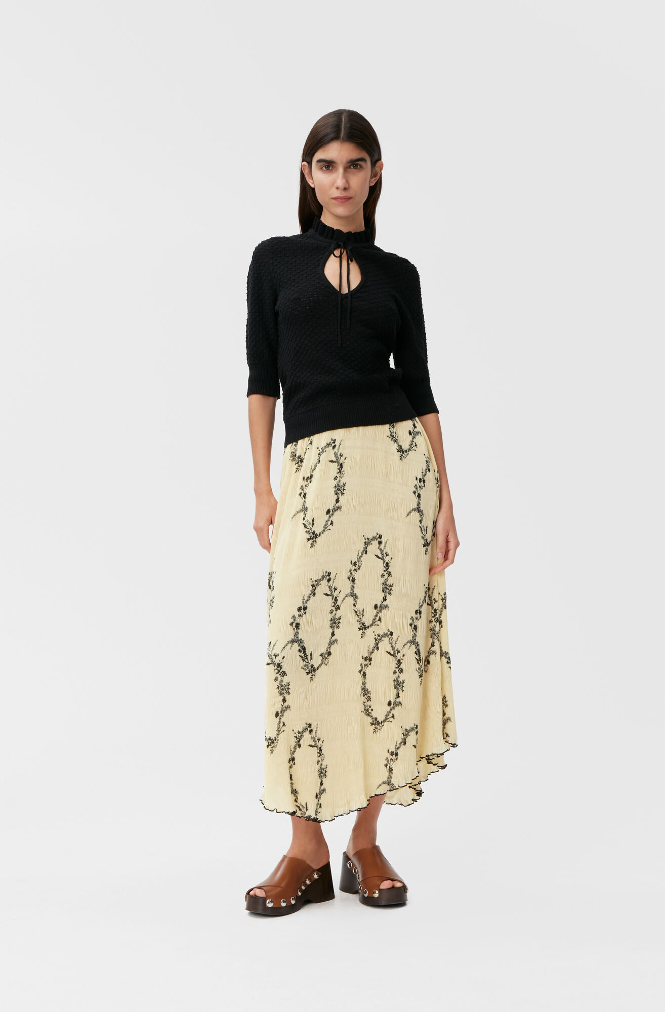 Ganni Pleated Georgette Maxi Skirt in Floral Shadow Flan 36