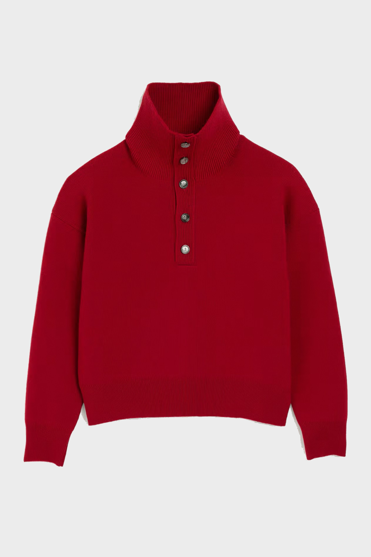AMI PARIS High Buttoned Collar Heavy Knit Sweater in Ruby Red