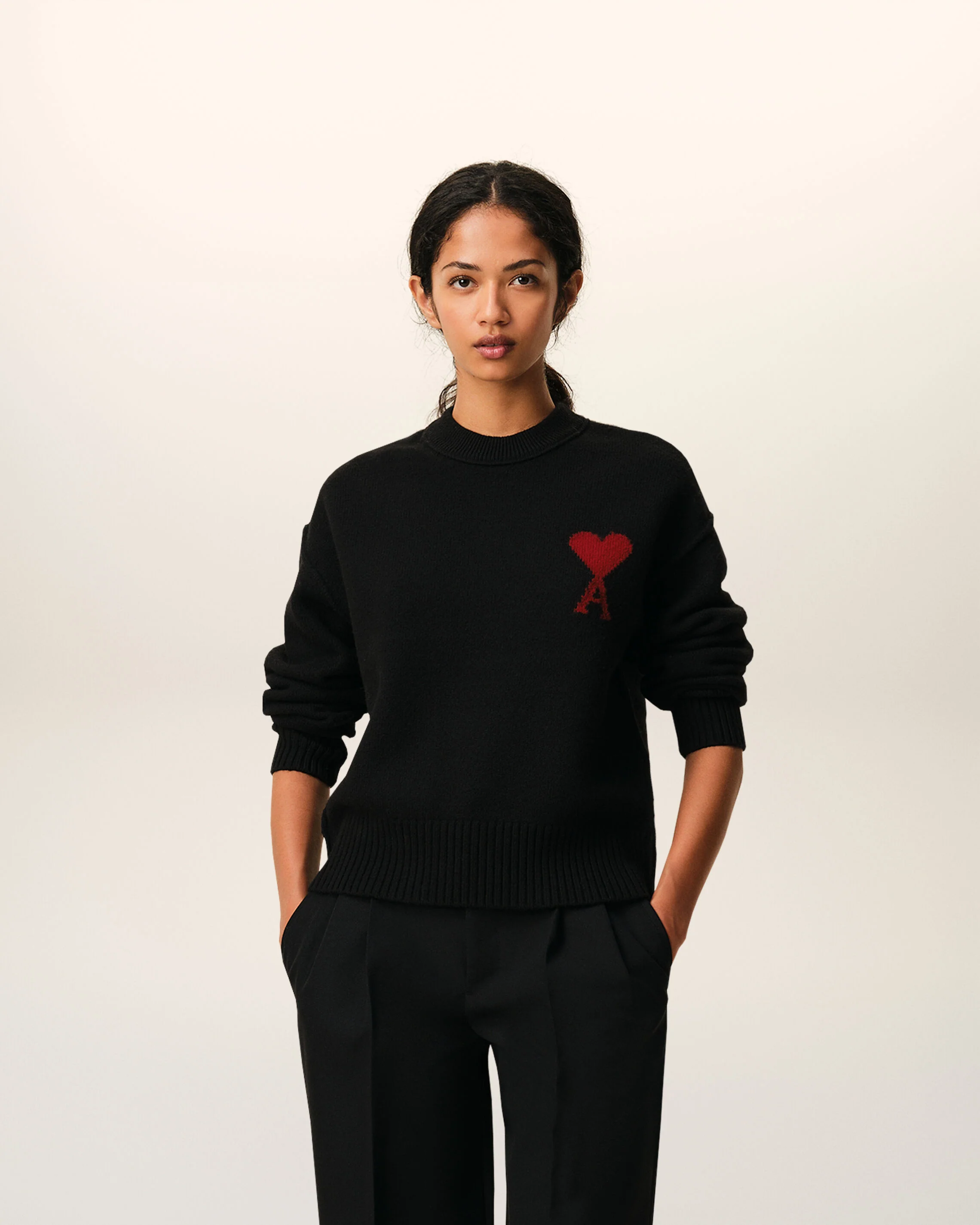 AMI PARIS de Coeur Heavy Knit Sweater in Black / Red