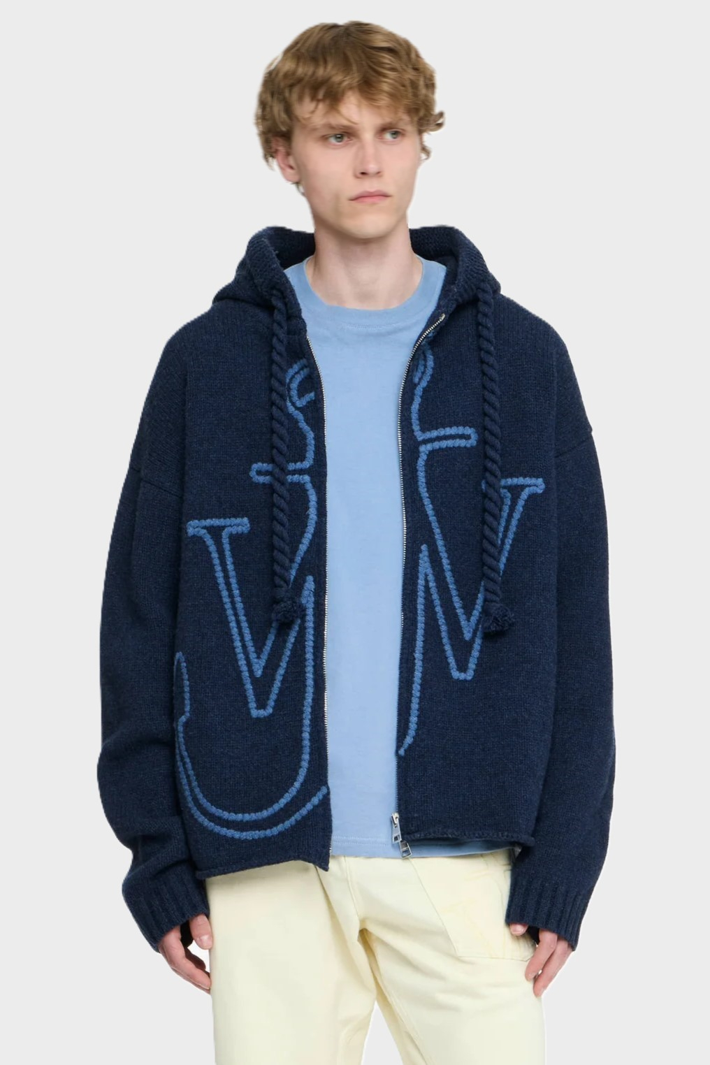 JW ANDERSON Anchor Embroidery Knit Zip Hoodie in Navy
