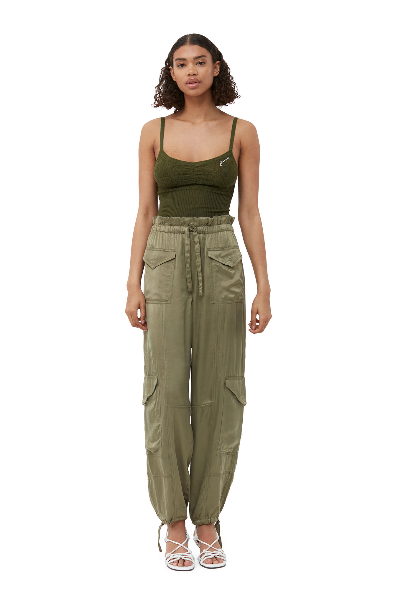 GANNI Washed Satin Pant in Aloe 34