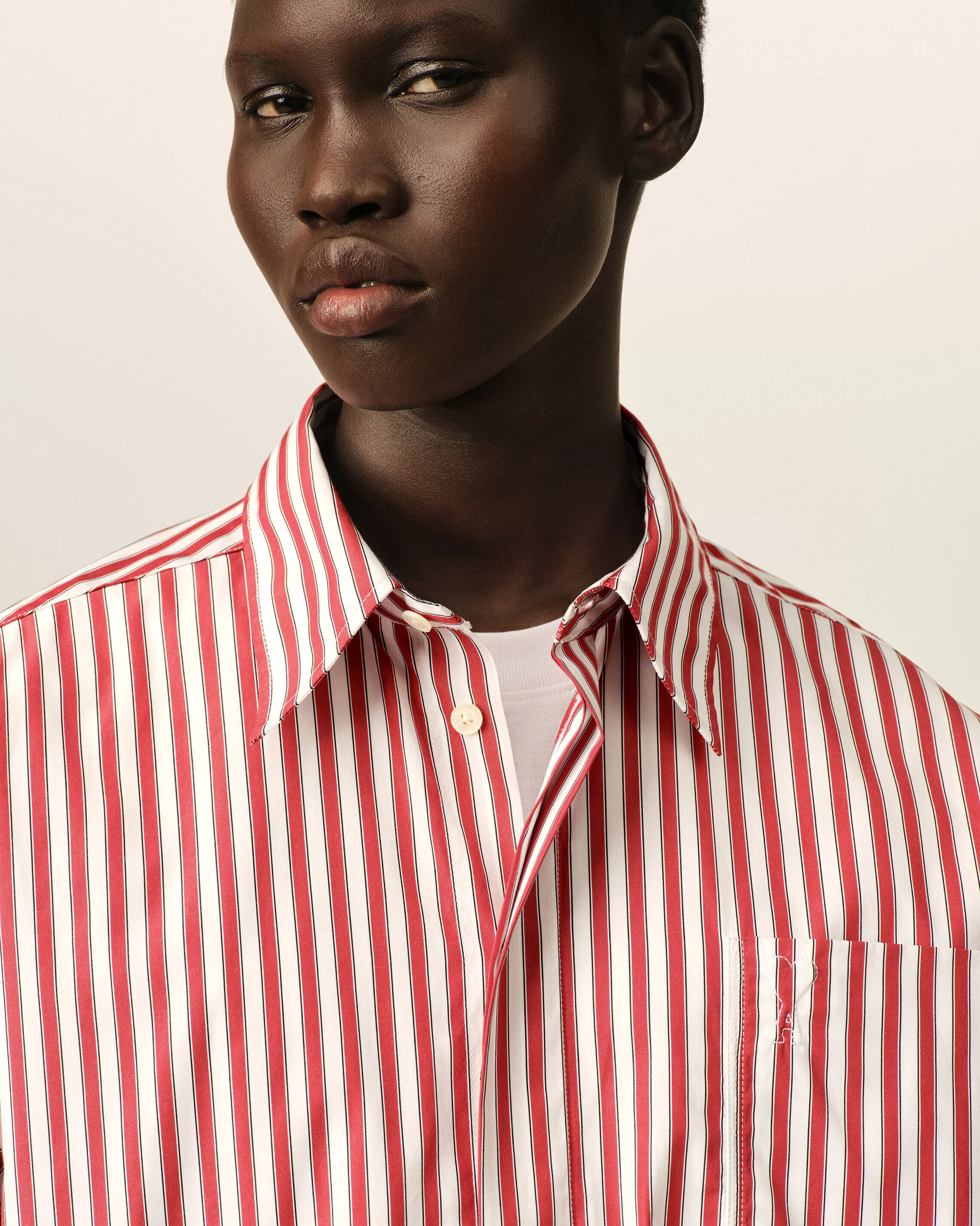 AMI PARIS de Coeur Oversize Stripe Shirt in Ruby Red / White