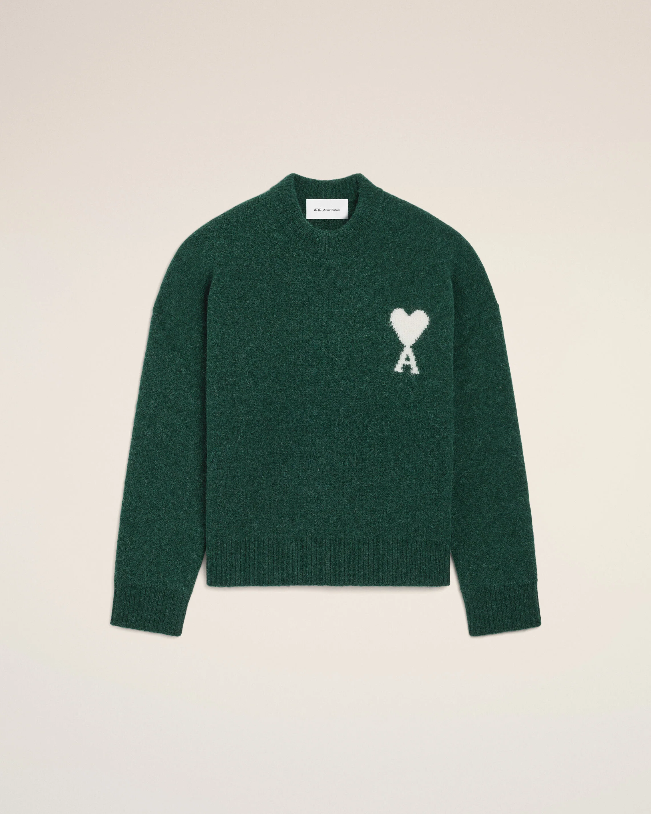 AMI PARIS de Coeur Heavy Knit Sweater in Bottle Green / Off White XXL