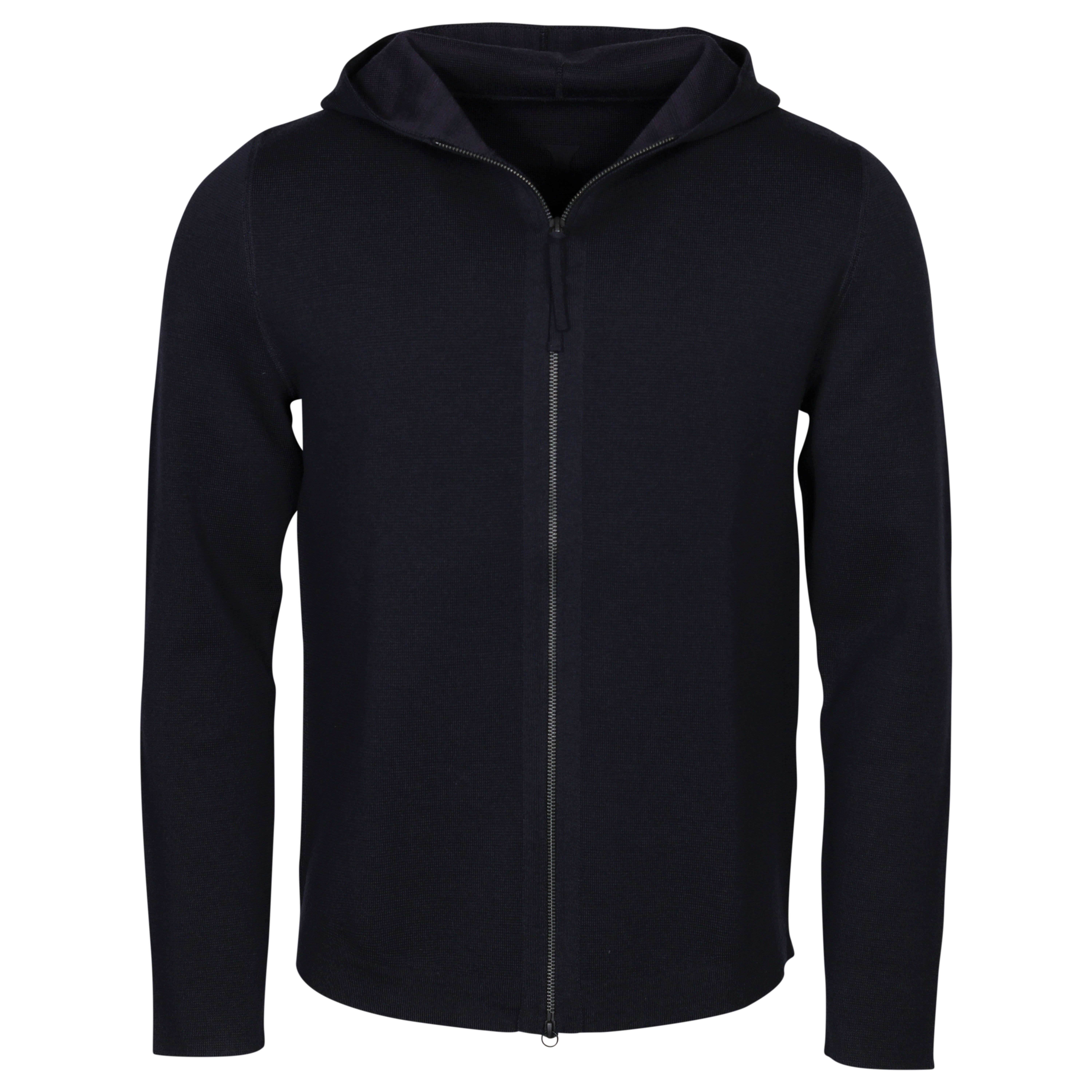 Hannes Roether Hooded Zip Cardigan in Dark Navy/Purple Stripe Inside