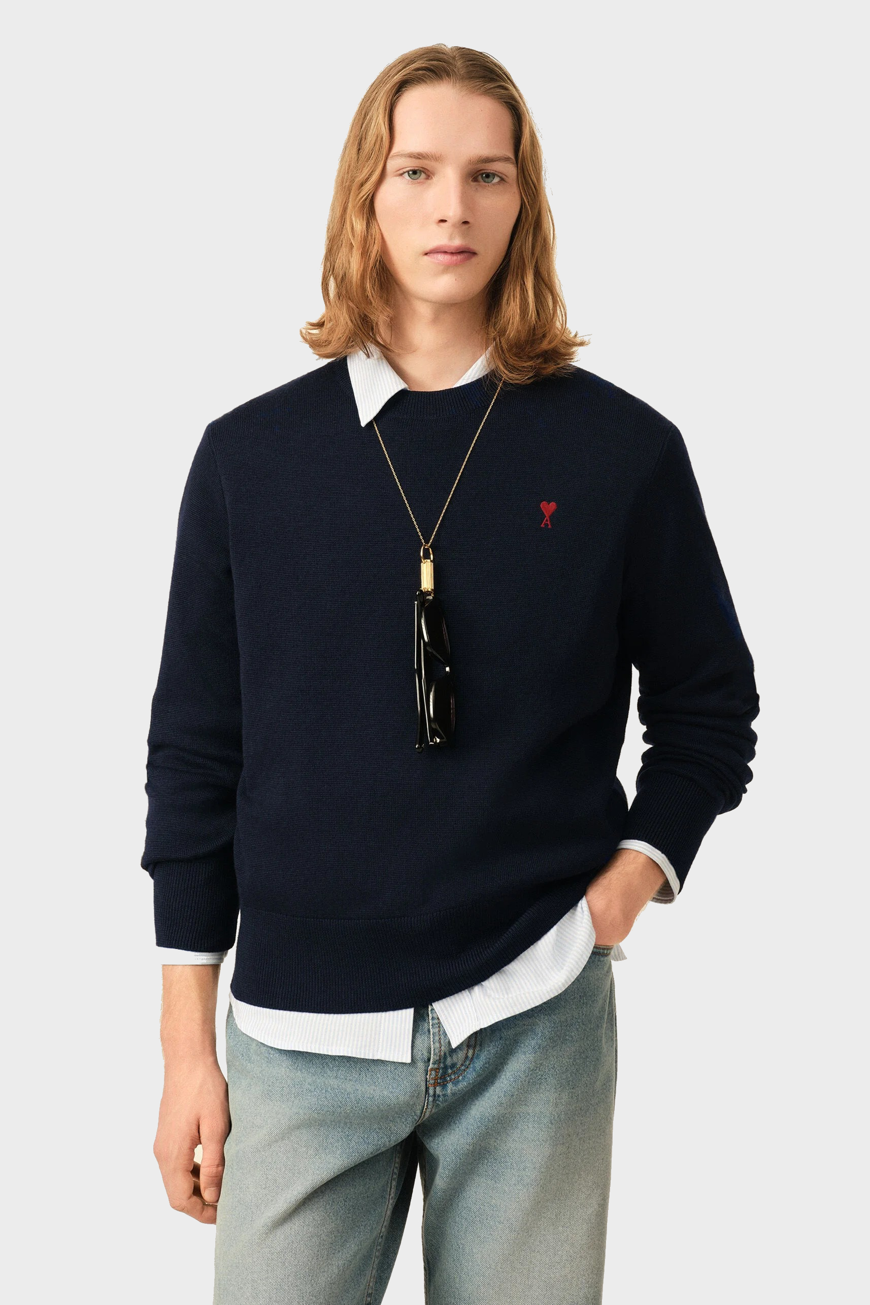 AMI PARIS de Coeur Merino Knit Pullover in Navy / Red Logo