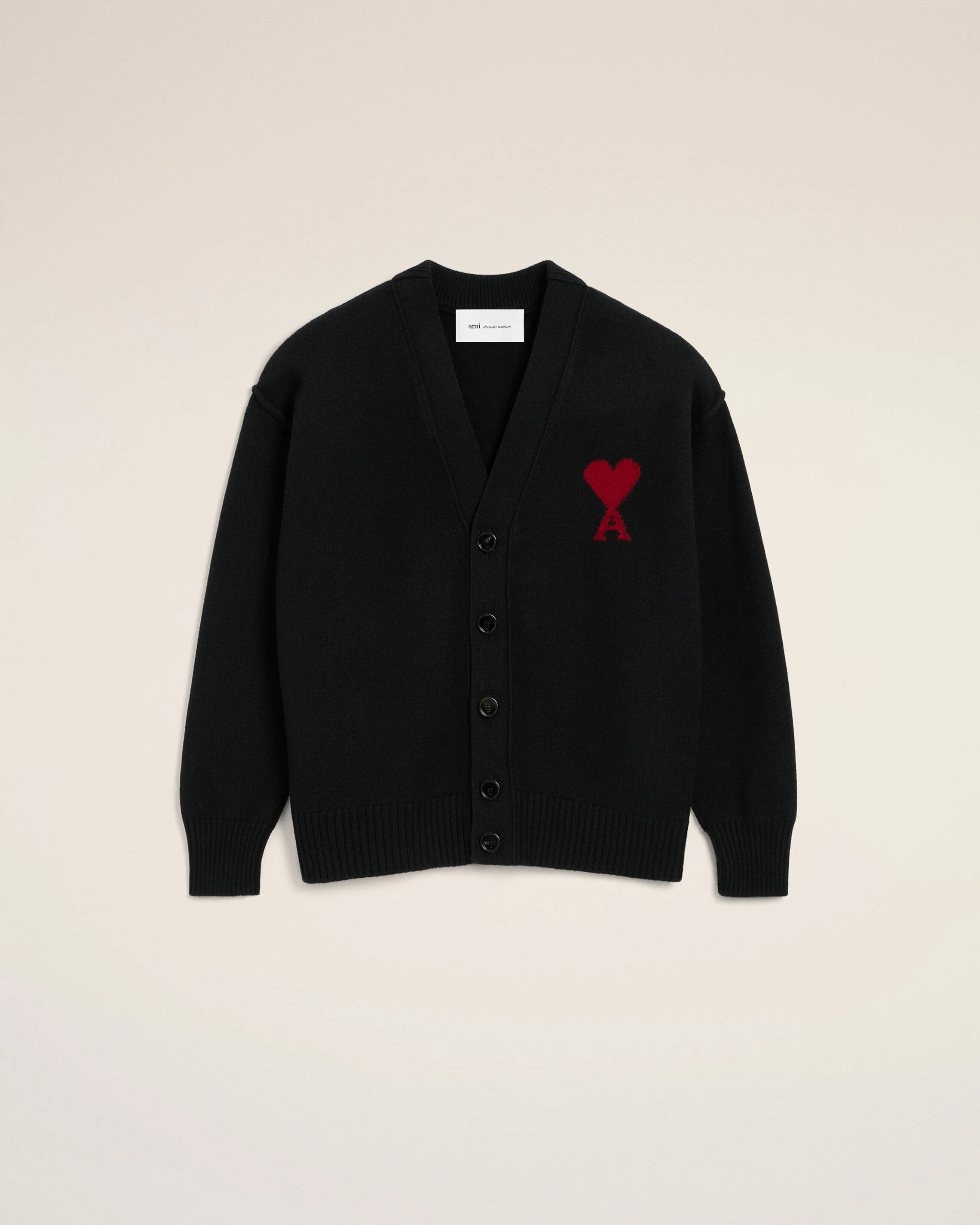 AMI PARIS de Coeur Heavy Knit Cardigan in Black / Red