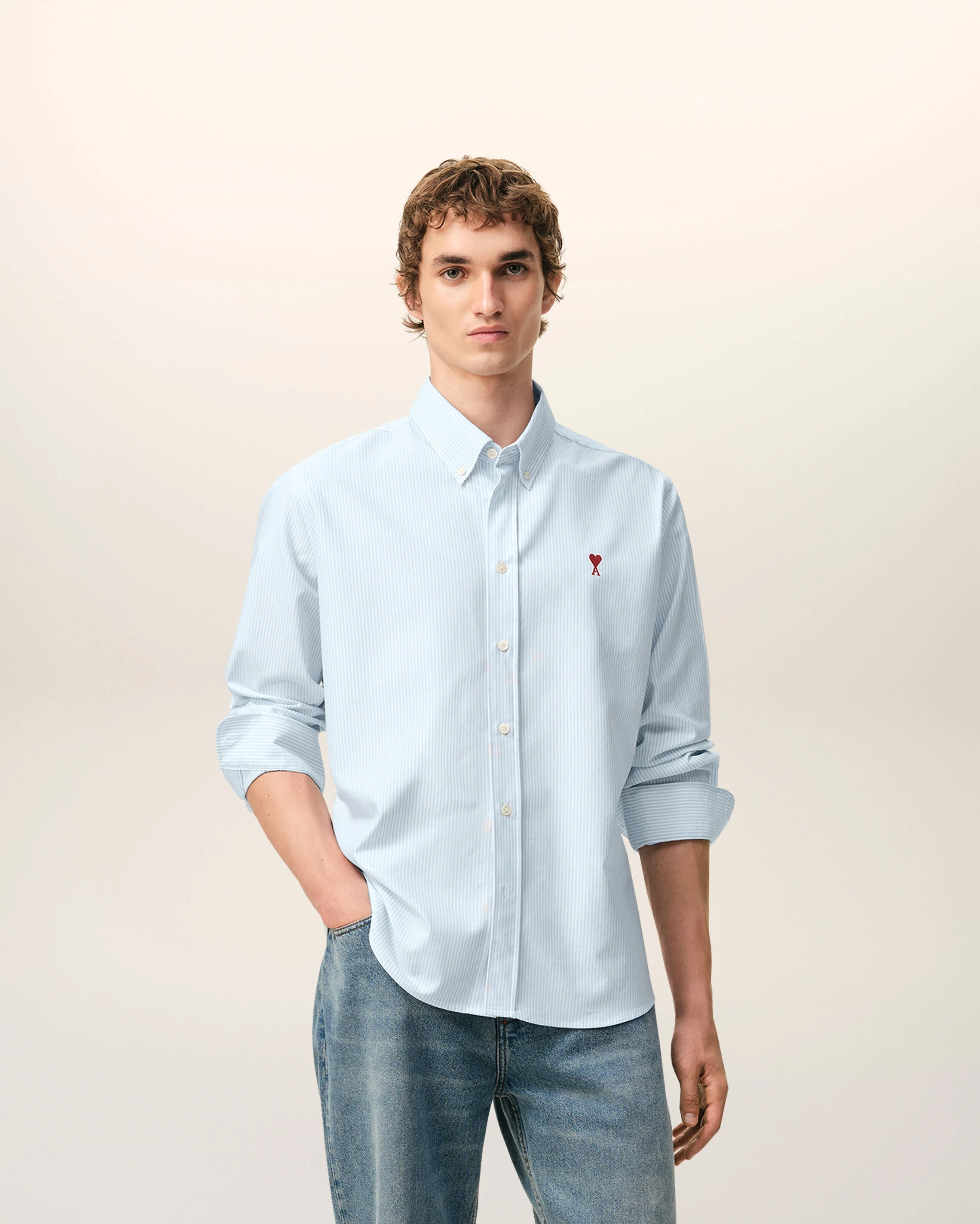 AMI PARIS de Coeur Classic Fit Shirt in Sky Blue/Natural White Stripes XXL