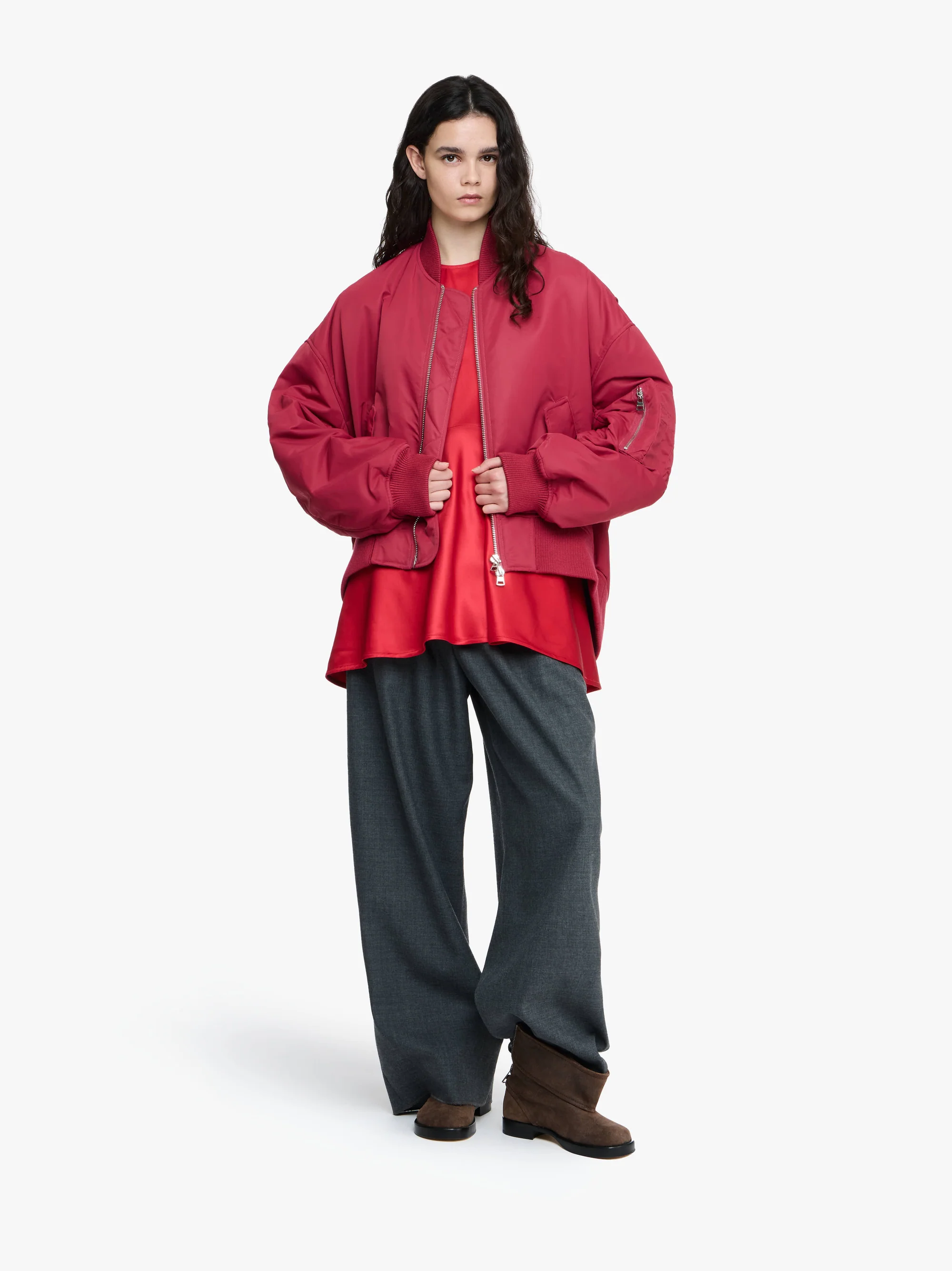 JW ANDERSON Oversize Curved Hem Bomber Jacket in Raspberry