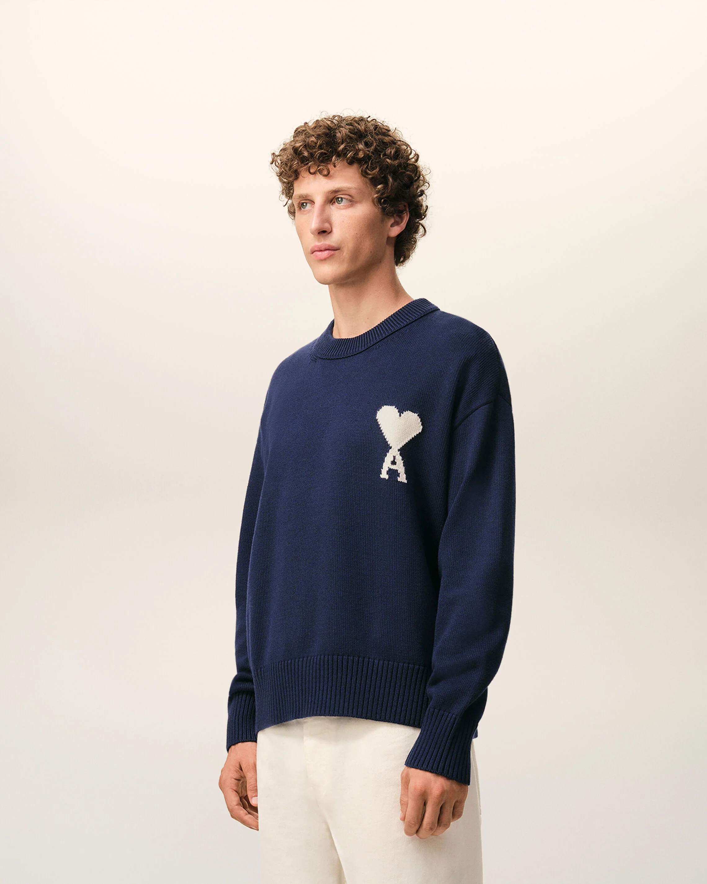 AMI PARIS de Coeur Wool/Cotton Knit Pullover in Navy