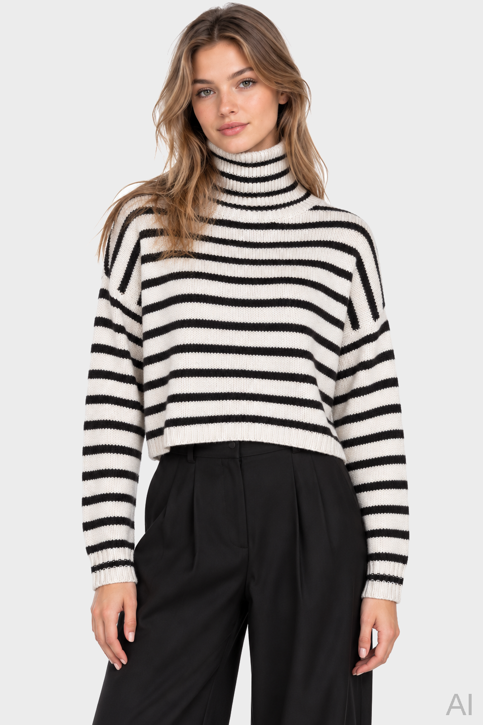 LISA YANG Zerlina Cashmere Turtleneck in Oyster / Dark Oak Strpes