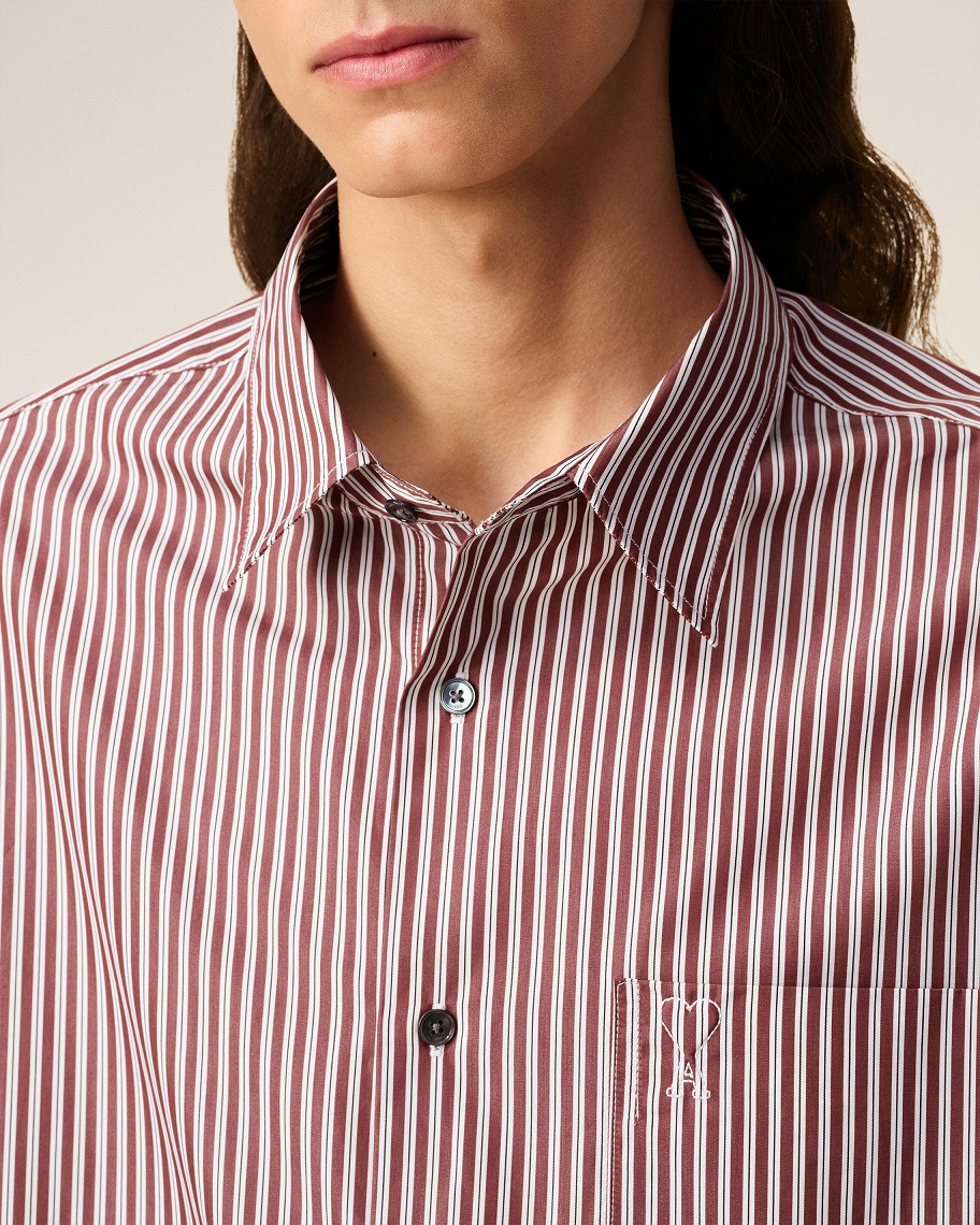 AMI PARIS de Coeur Embossed Boxy Fit Shirt in Cherry/White/Black Stripe
