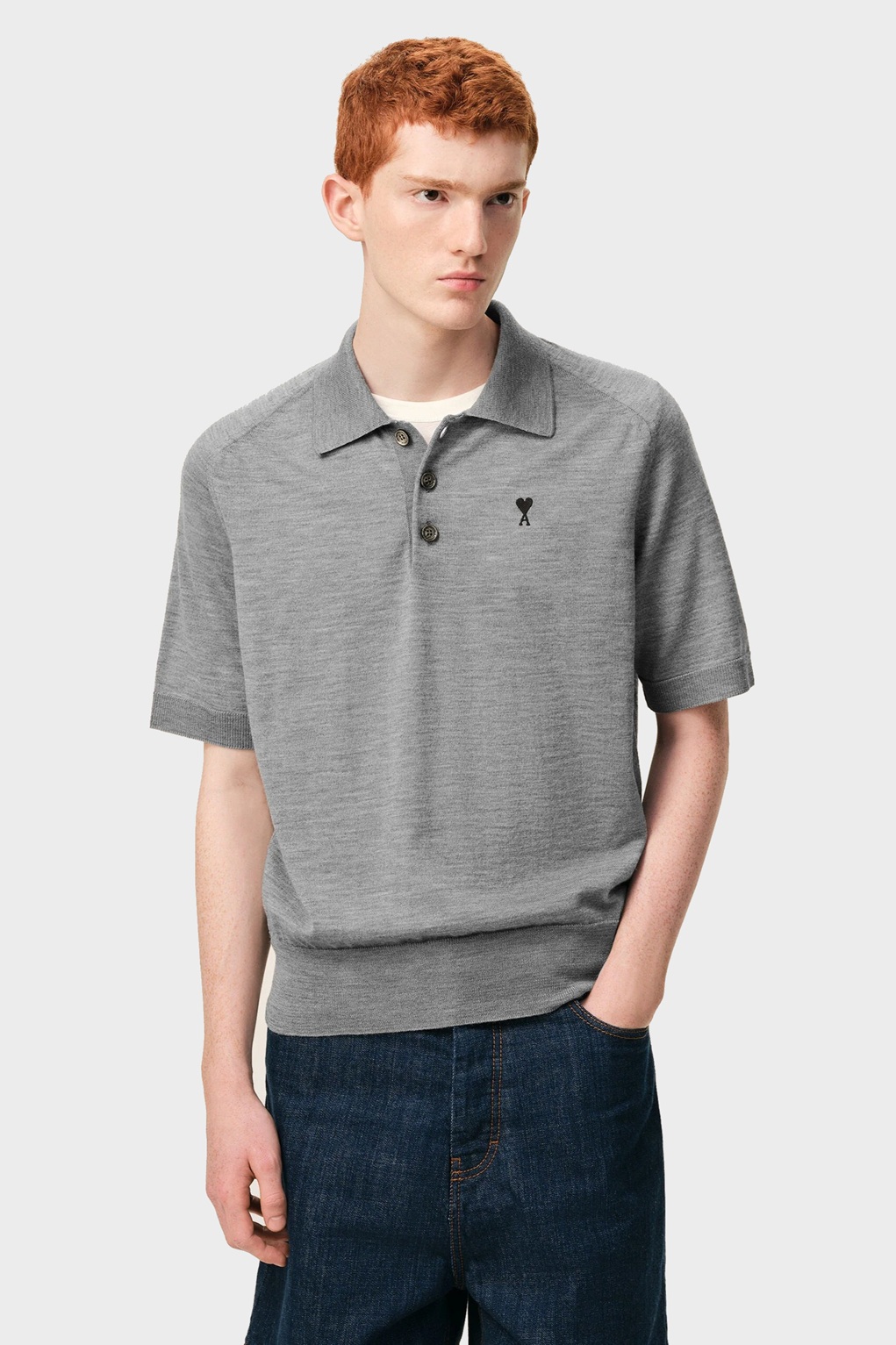 AMI PARIS de Coeur Extrafine Knit Poloshirt in Heather Grey/Black