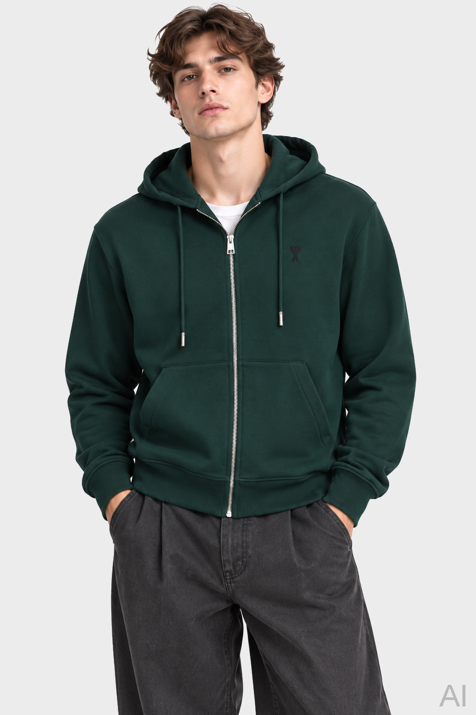 AMI PARIS de Coeur Zip Hoodie in Bottle Green / Black