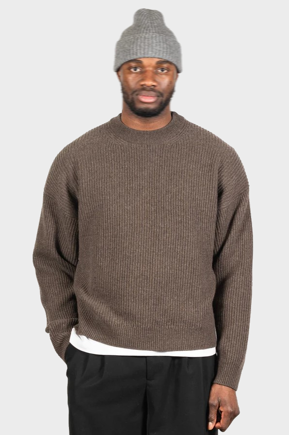 YACAIA Ribbed Wool/Cashmere Sweater in Brown Melange