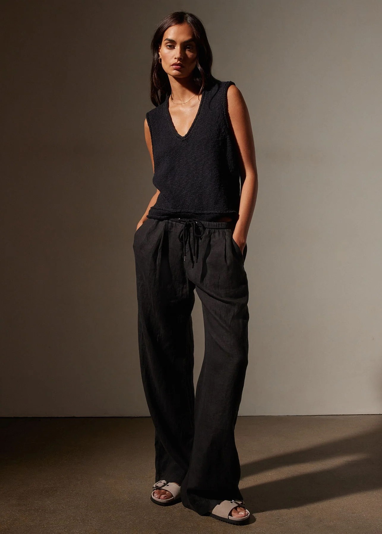 JAMES PERSE Wide Leg Relaxed Linen Pant in Black 0/XS